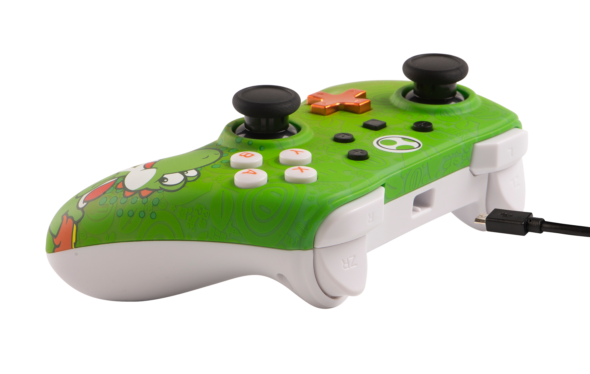Ein grüner und weißer Yoshi-Controller mit schwarzem Kabel und schwarzen Joysticks.