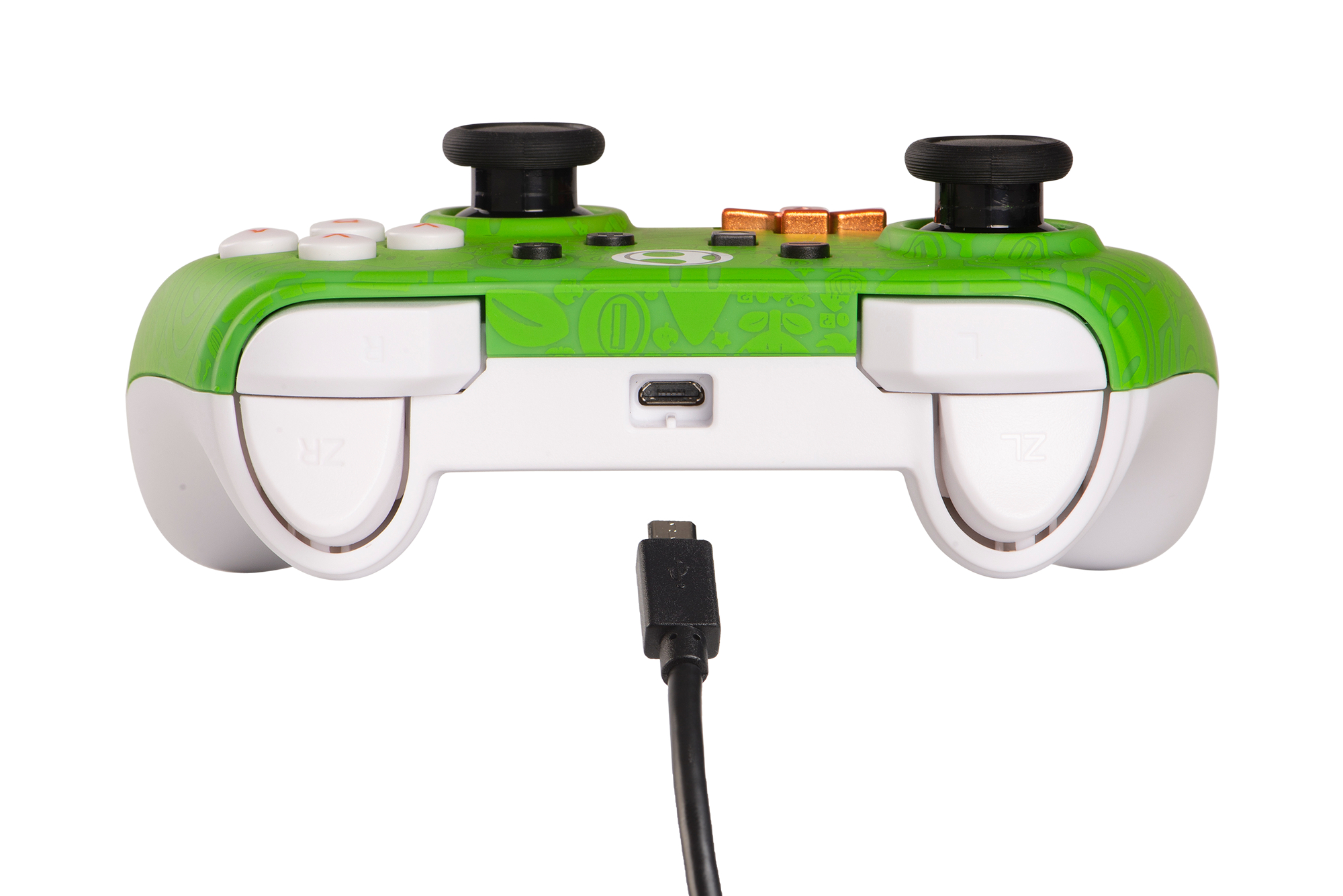 Grüner und weißer Controller mit eingestecktem USB-Kabel. Der Controller ist auf Weiß isoliert.