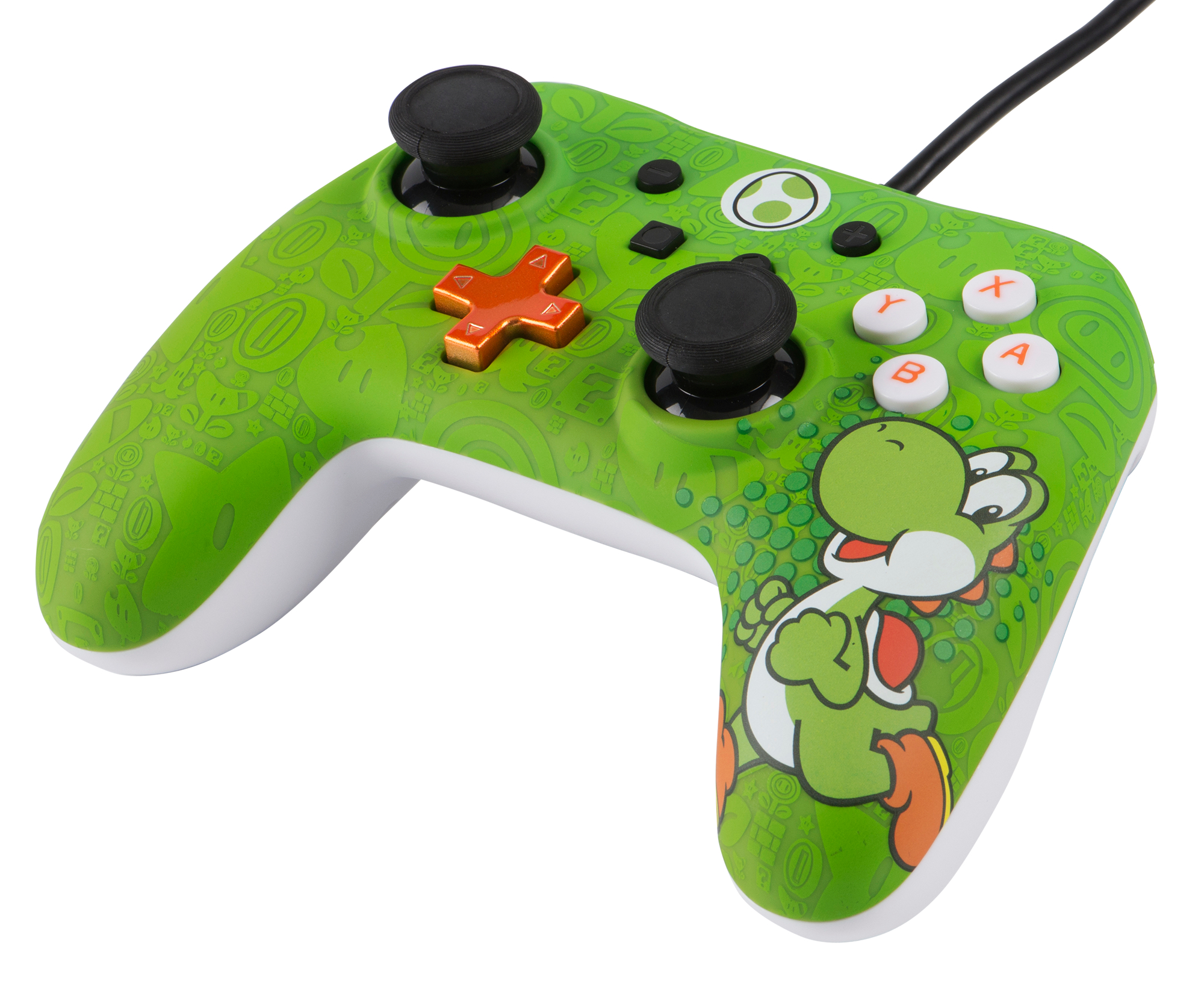 Grüner Xbox-Controller im Yoshi-Design mit Knöpfen, Joysticks und Kabelanschluss.