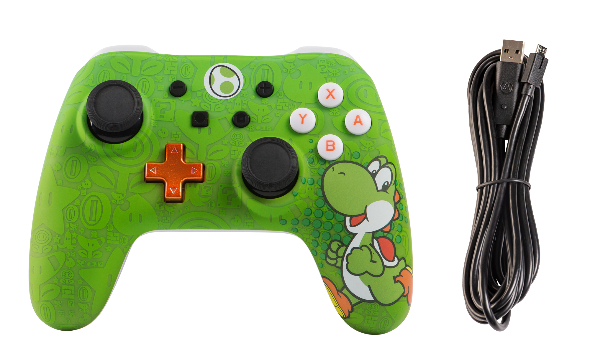 Grüner Yoshi Nintendo Controller mit Kabel. Weißer Hintergrund.