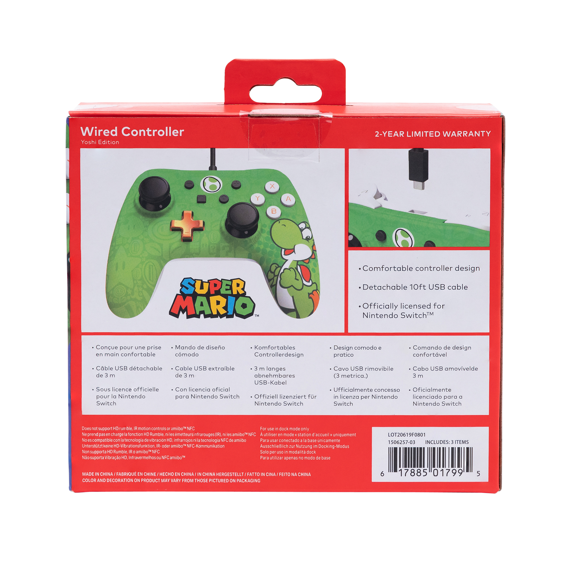 Grüne Yoshi-Spielcontroller-Verpackung. Text: Super Mario, Wired Controller Yoshi Edition.
