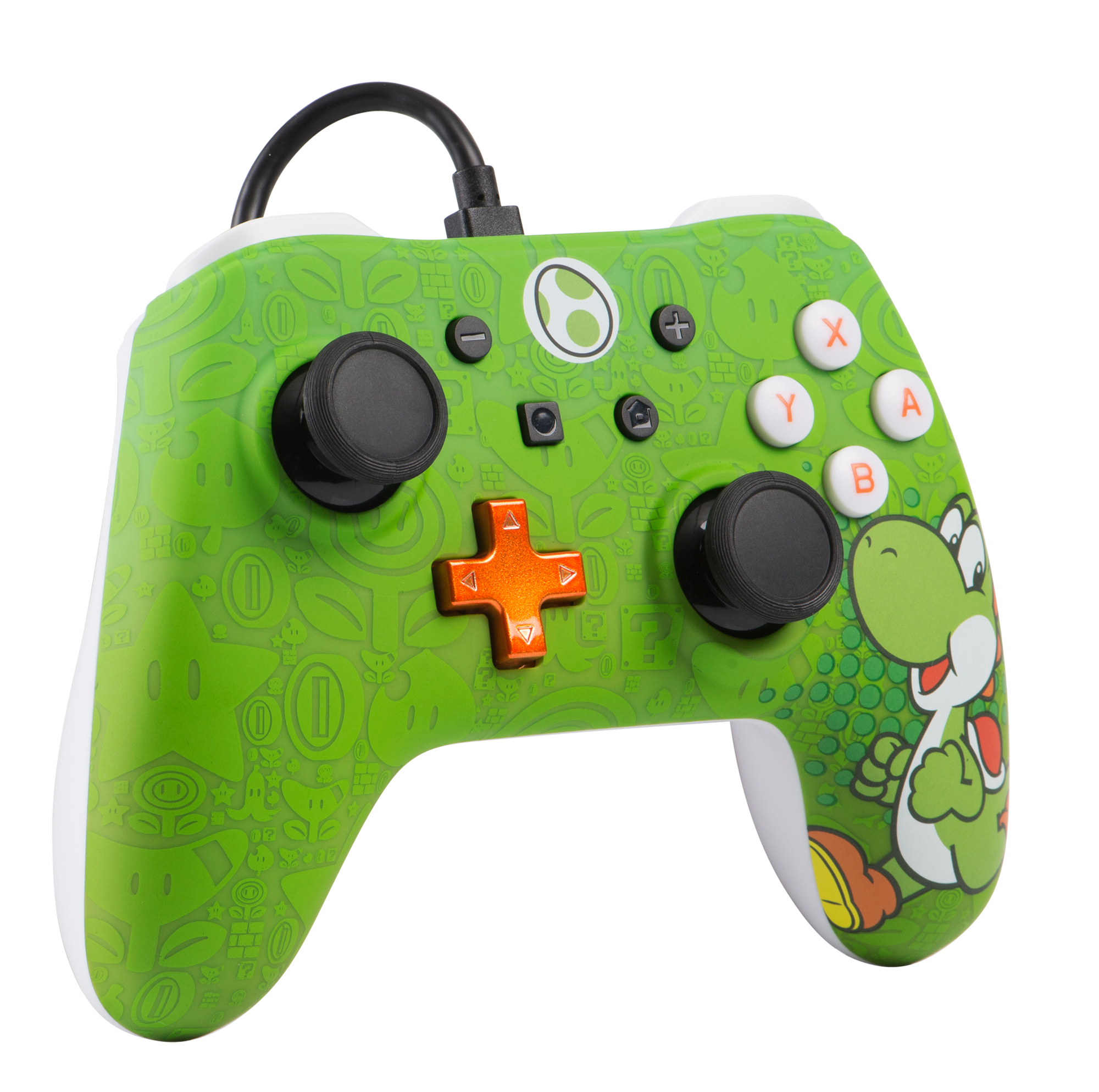 Grüner Yoshi-Gamepad mit schwarzen Joysticks und orangefarbenen Knöpfen.