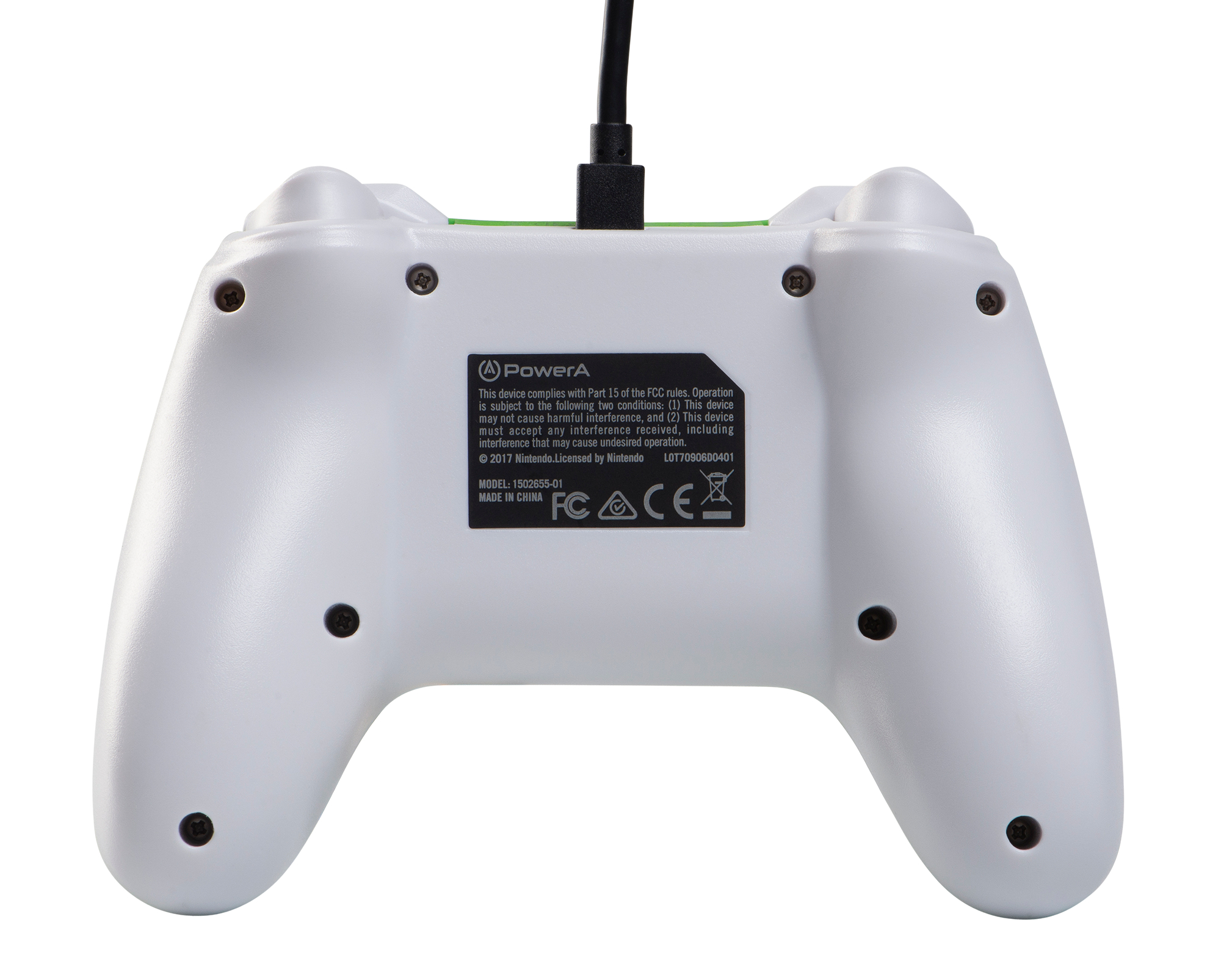 Rückseite des weißen Gamecontrollers. Schwarzer Text und Logos. Weißer Hintergrund.