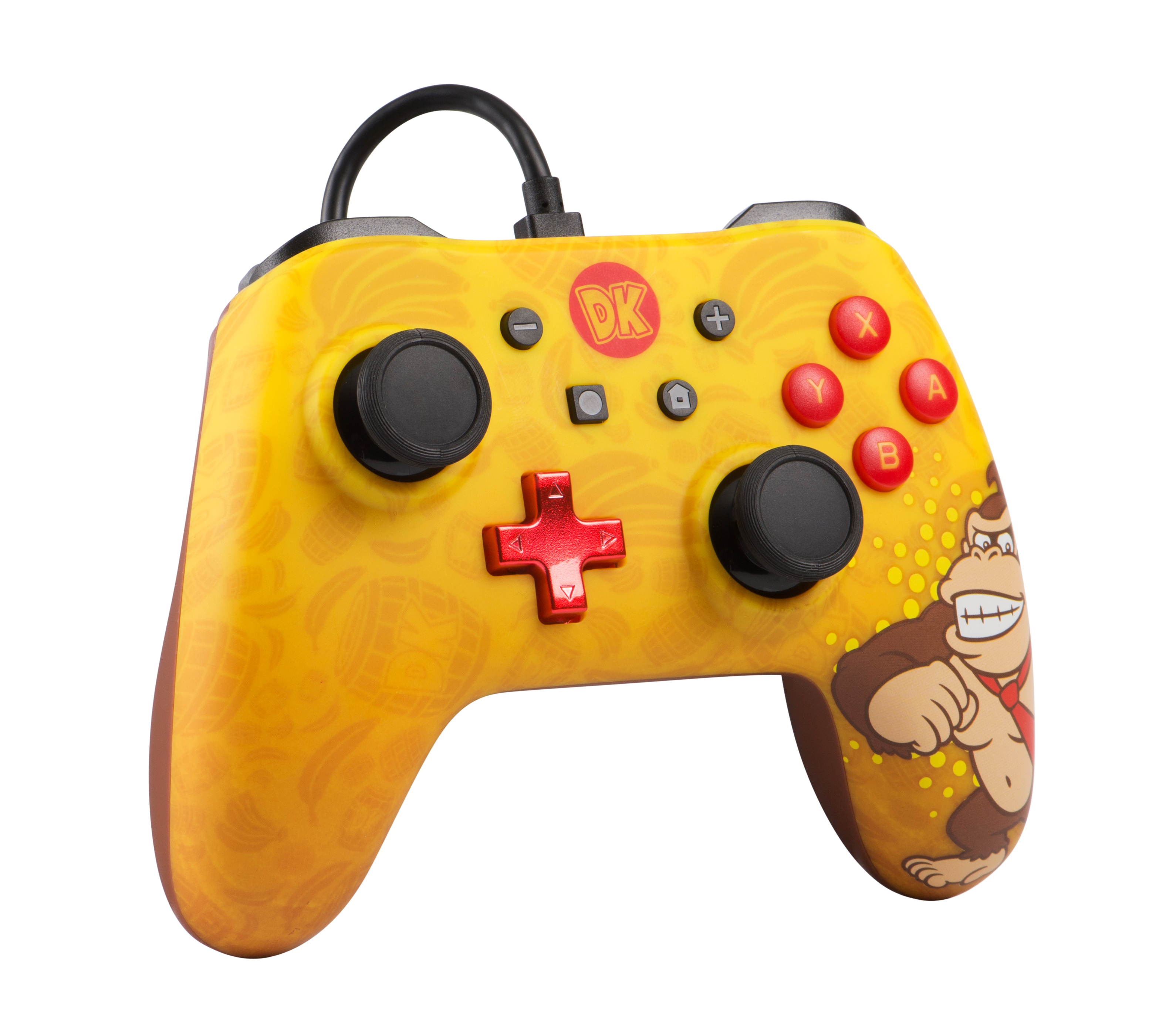 Ein gelber Donkey Kong Nintendo Switch Controller mit roten Knöpfen.