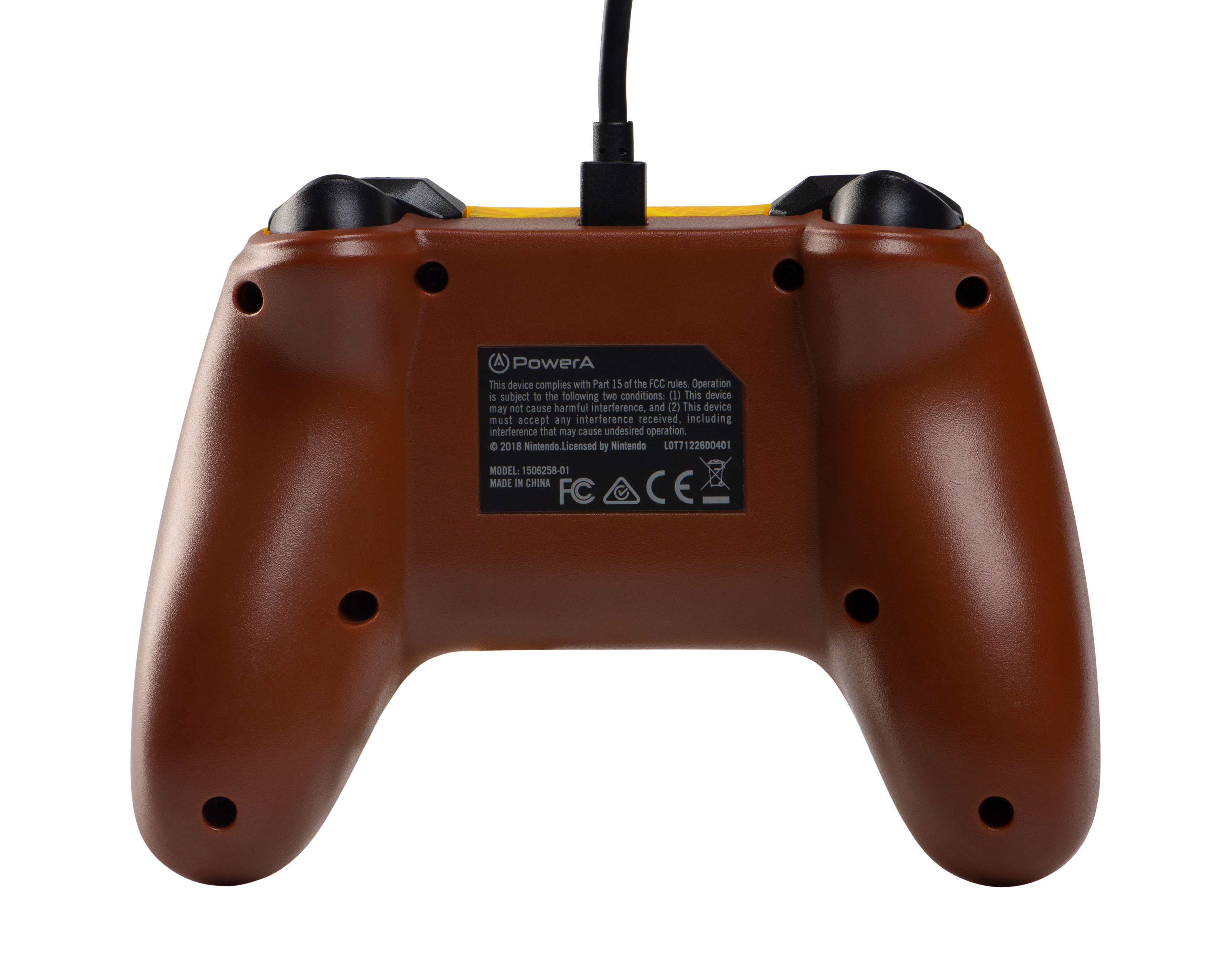 Rückansicht eines braunen und gelben Controllers mit schwarzem Kabel, Knöpfen und Markierungen.