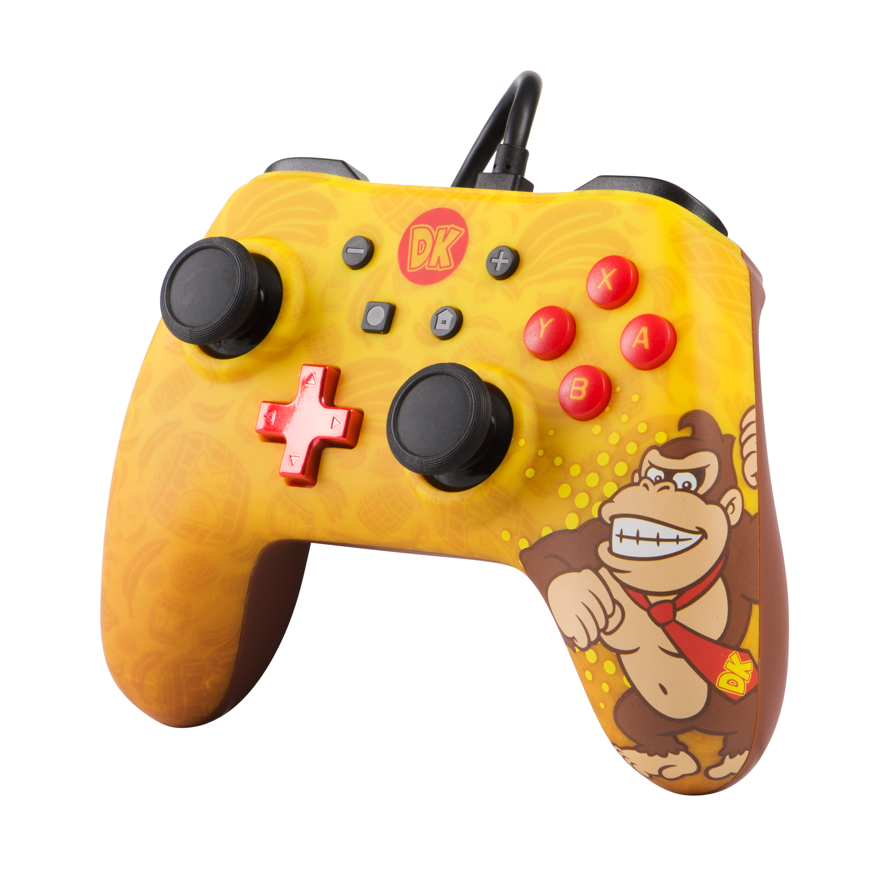 Ein gelber Nintendo Switch-Controller im Donkey Kong-Design mit weißem Hintergrund.