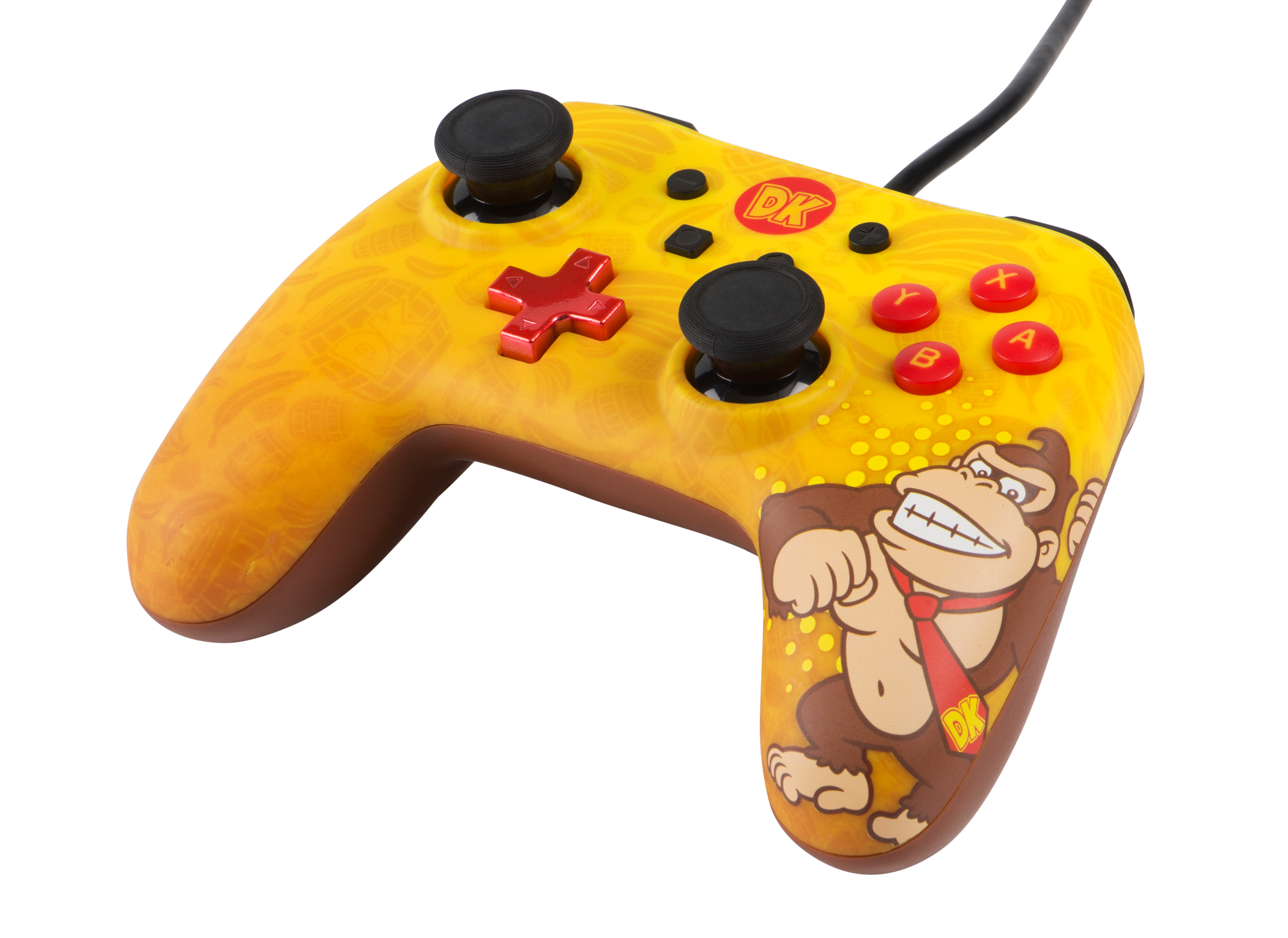 Ein gelber Donkey Kong Nintendo-Controller. Er hat Knöpfe und einen Joystick.