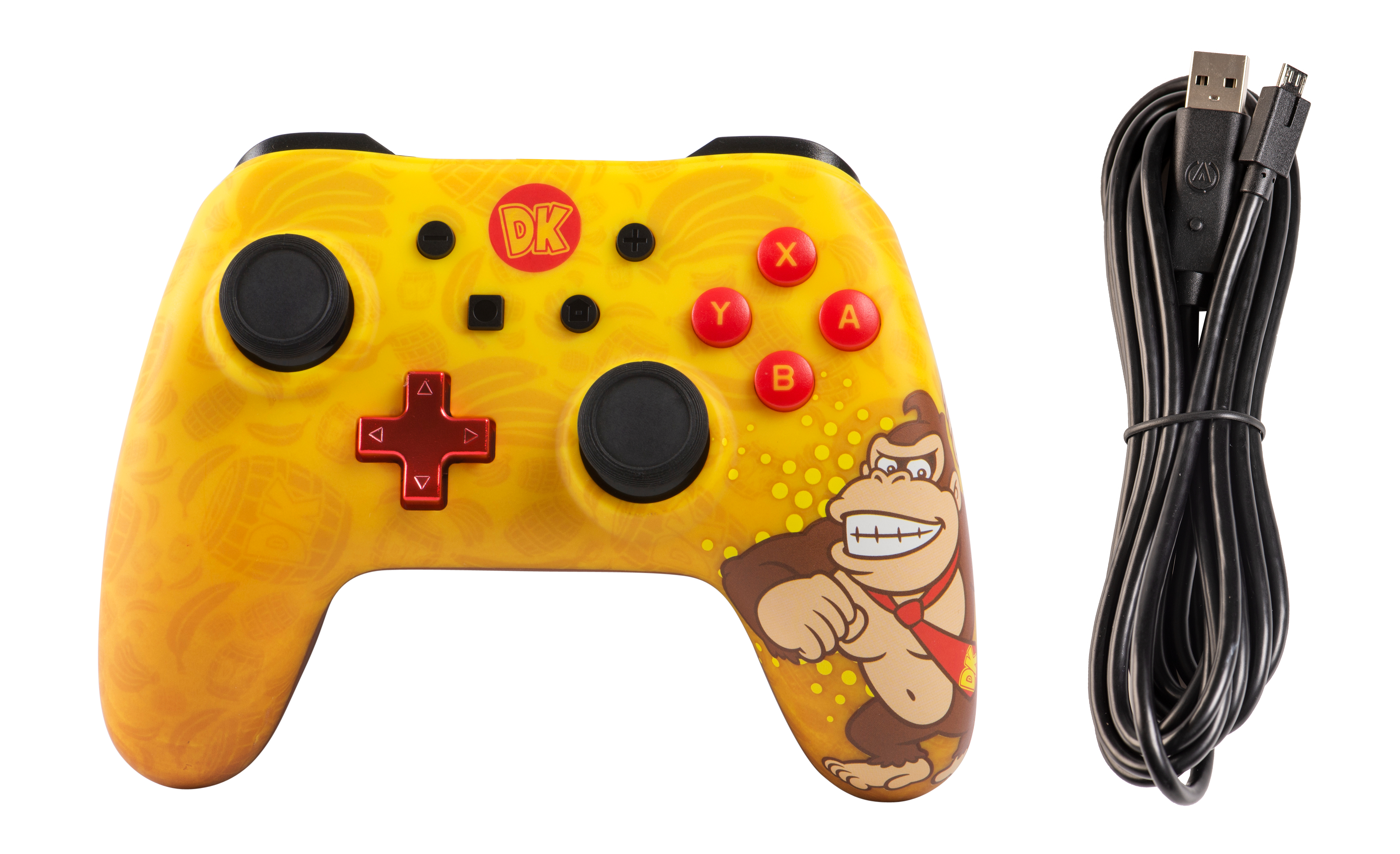 Gelber Donkey Kong Controller mit Knöpfen und Kabel. Der Controller hat ein DK-Logo und Donkey Kong Bild.