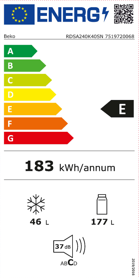 Energia címke egy Beko hűtőszekrényhez, E energiahatékonysági osztályt mutat, adatokkal.