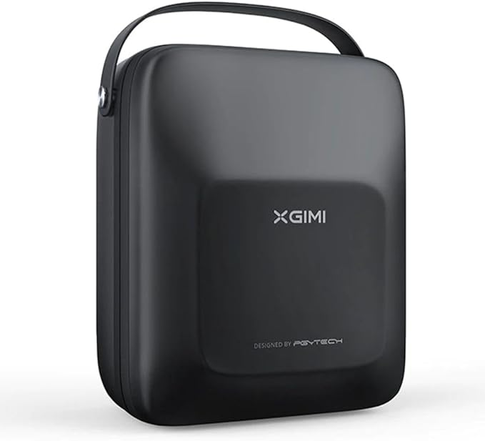 Un étui carré noir avec le logo XGIMI et une poignée.