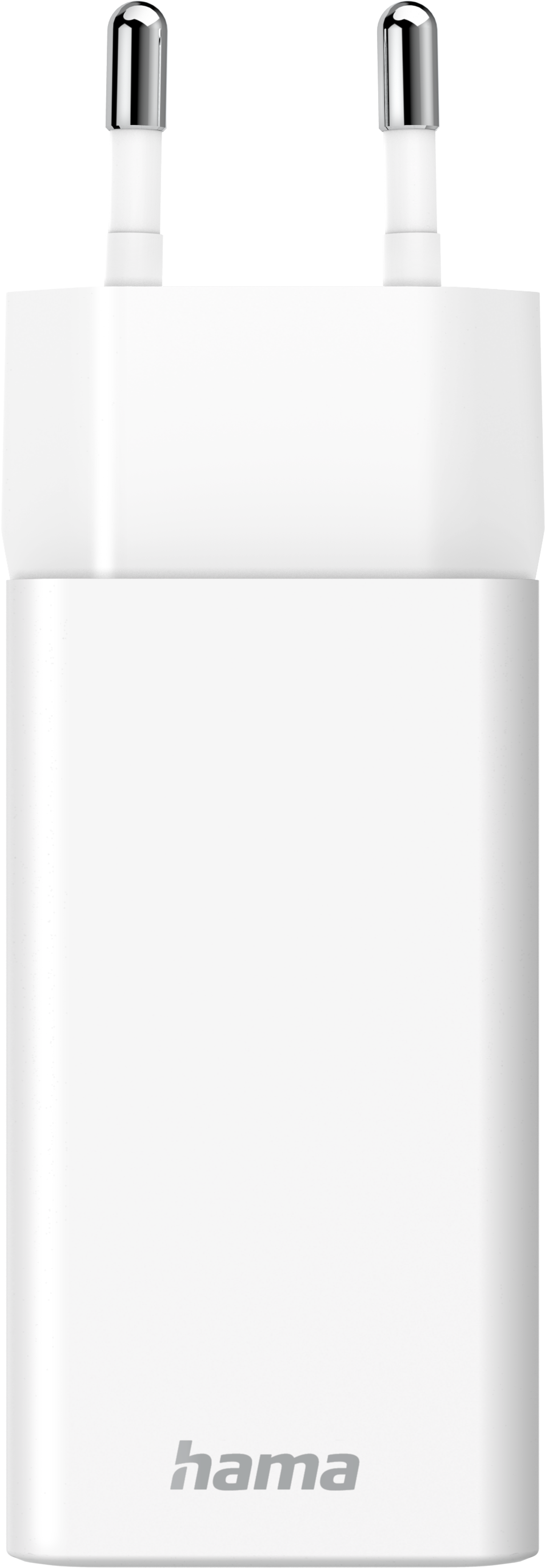 Adattatore per presa a muro bianco con due spine argentate, con il logo 'hama'.