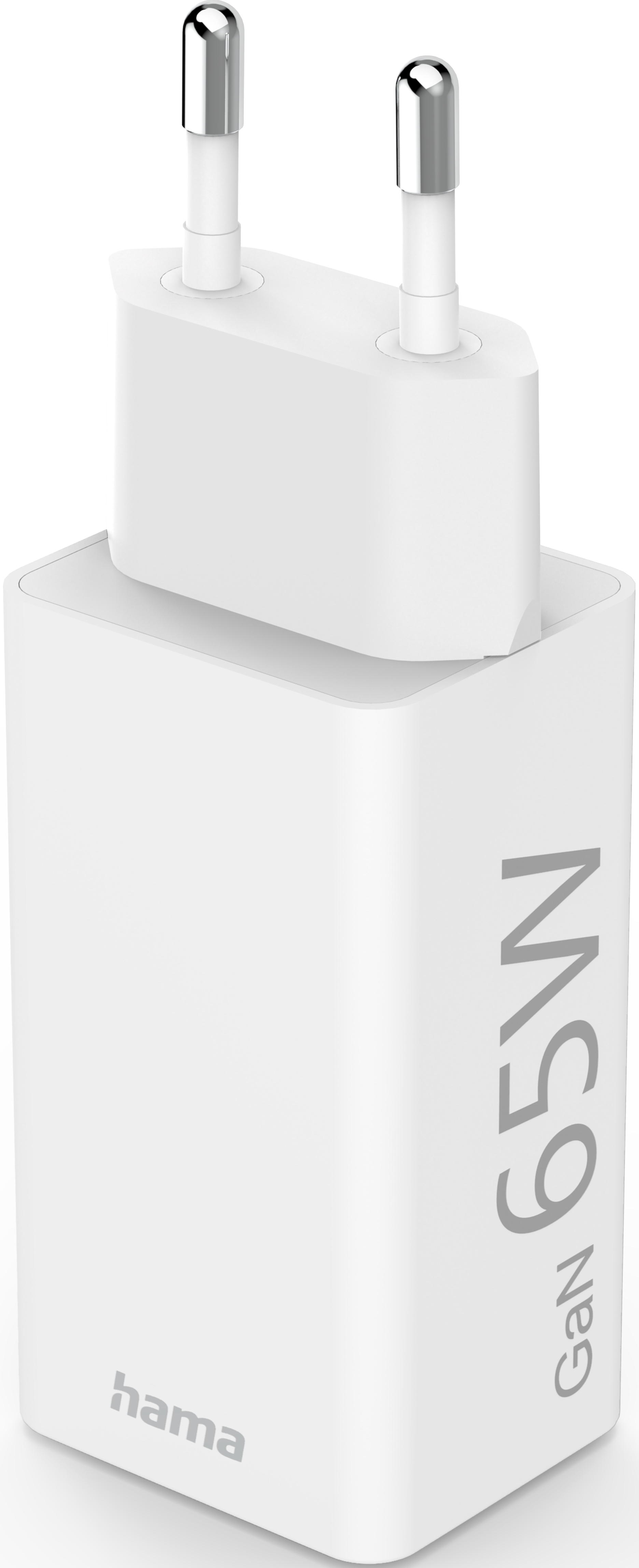 Caricabatterie GaN bianco da 65W con spina europea, del marchio Hama. Corpo bianco, testo grigio. Vista angolata.