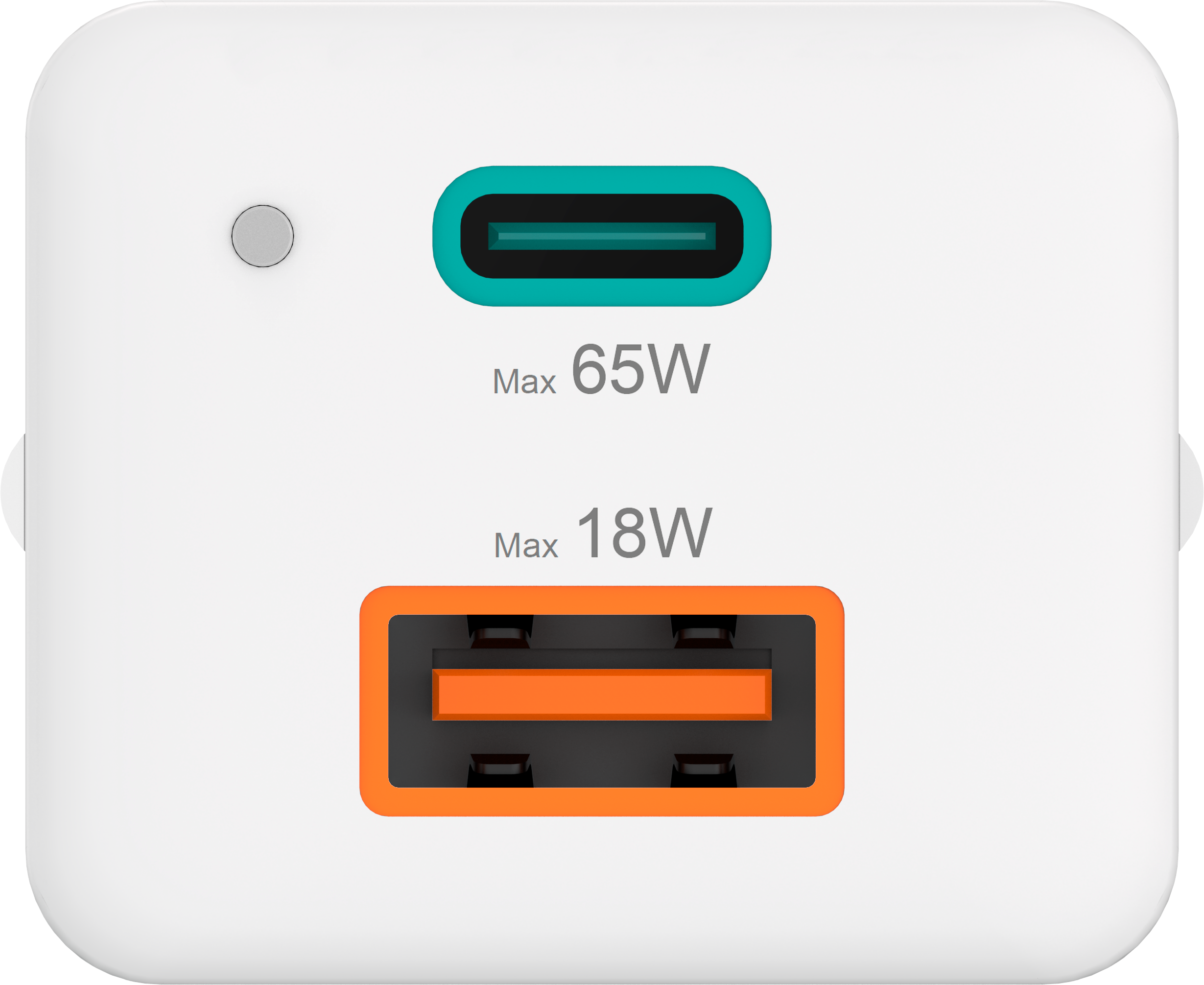 Caricabatterie bianco con due porte, una USB-C turchese e una USB-A arancione. Etichette Max 65W e 18W.