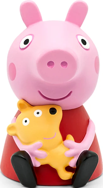 Peppa Wutz Figur hält einen gelben Teddybär. Rosa Schwein mit rotem Kleid. Schwarzer Hintergrund.