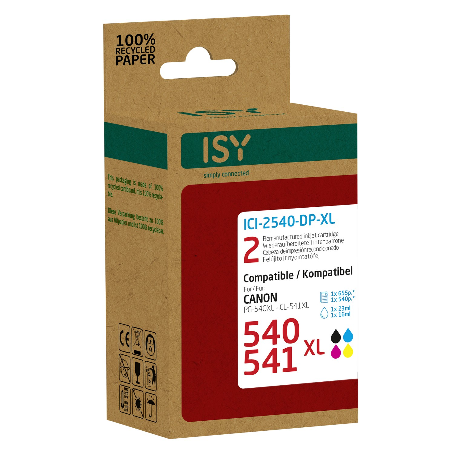 Une boîte pour cartouches d'imprimante ISY avec texte et images, étiquetée pour les imprimantes Canon.
