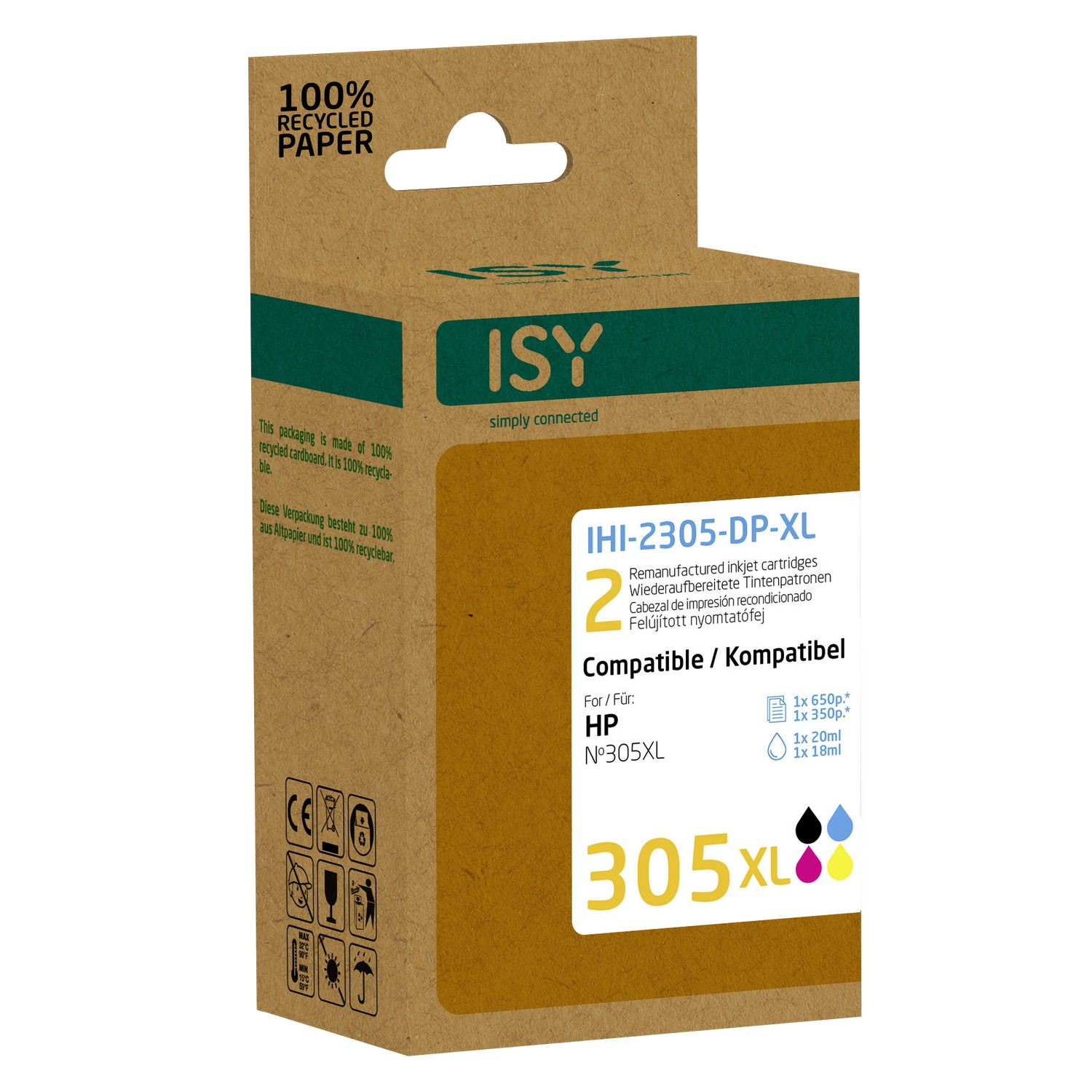 Boîte en carton marron. Contient des cartouches d'encre. Texte inclut 'ISY', 'HP' et '305XL'. Fond blanc.