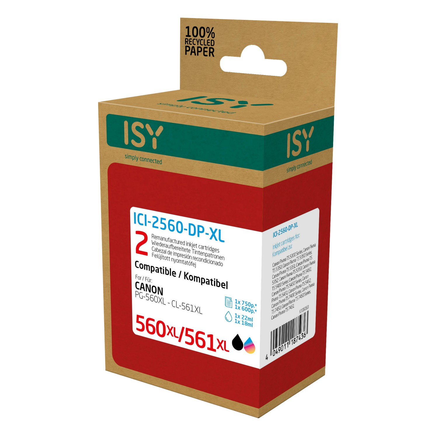 Doos met ISY-inktcartridges, rood en wit, met tekst en gerecycled papier-merk.