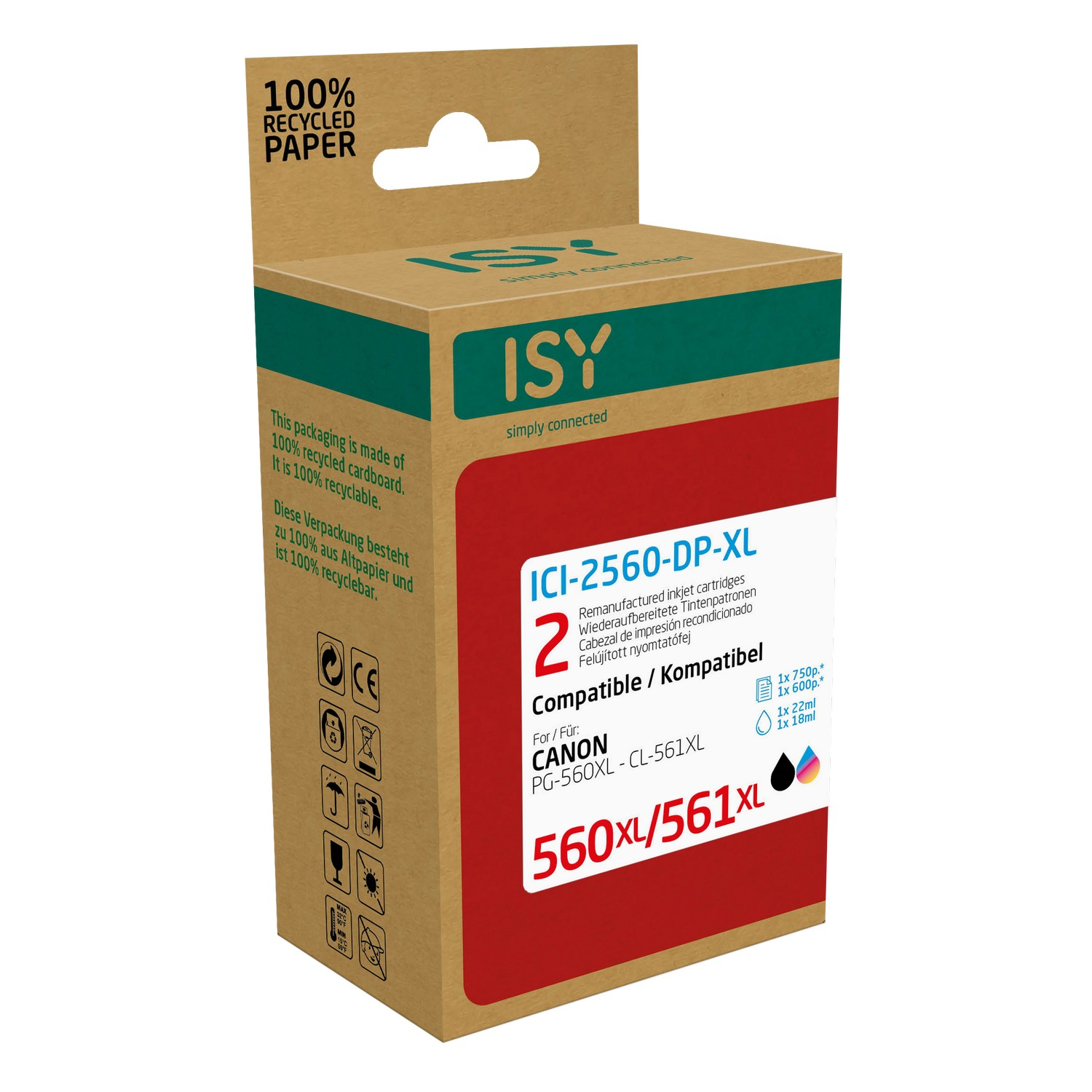 Een doos met ISY-inktcartridges, gerecycled papier, met een groen en bruin ontwerp.