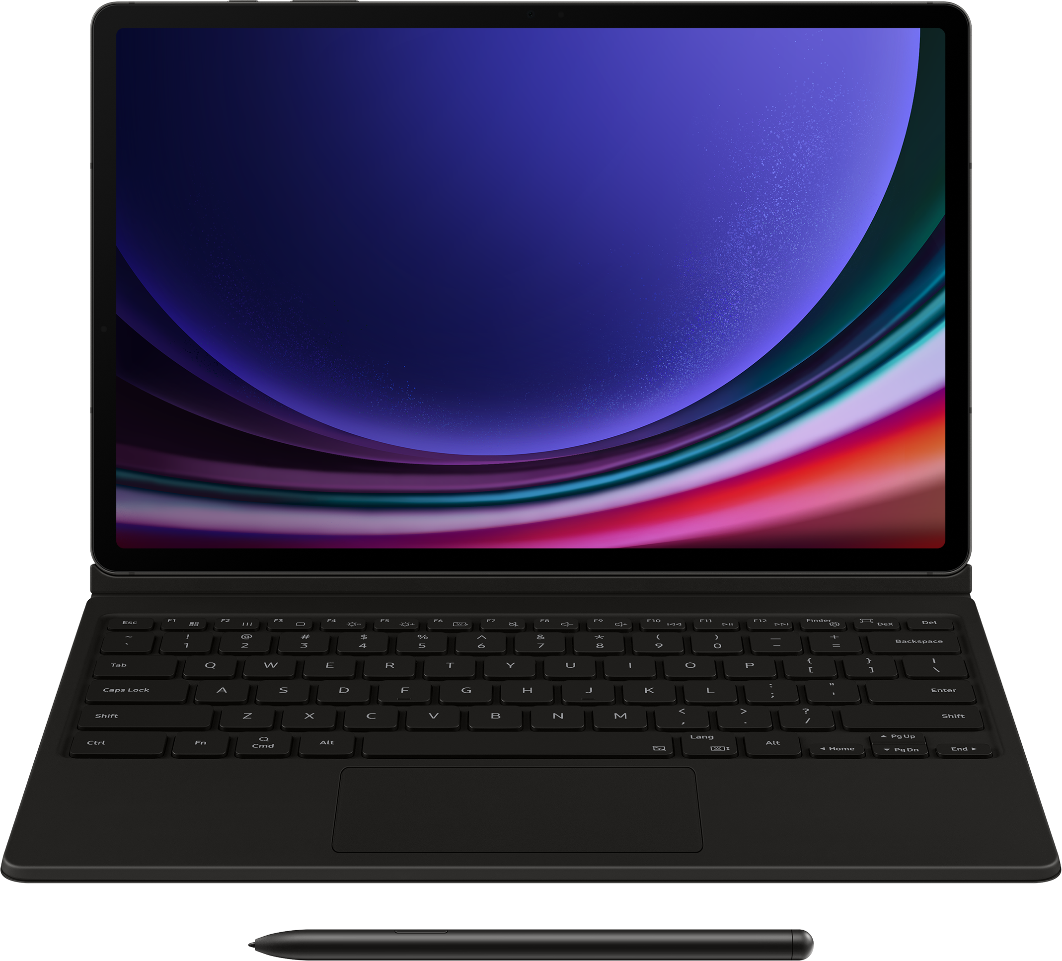 Une tablette noire avec clavier et un stylet. L'écran affiche une présentation avec des graphiques colorés.