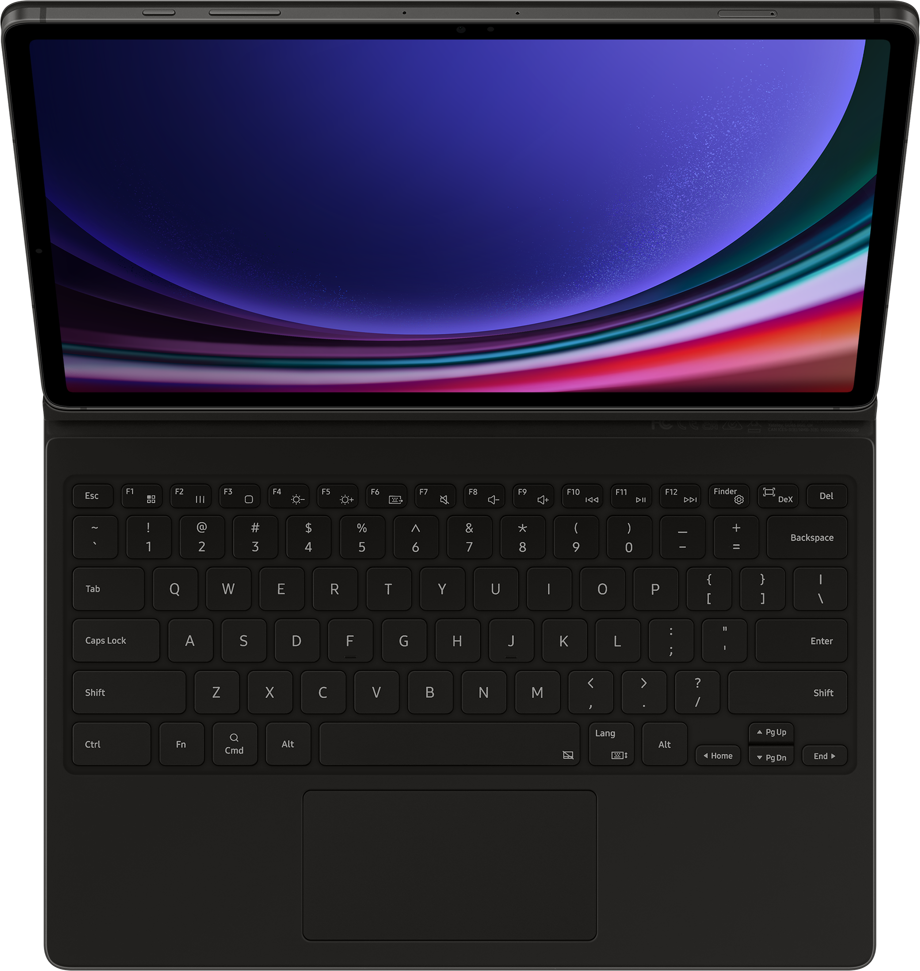 Ordinateur portable noir avec clavier et écran ouvert, fond sombre.