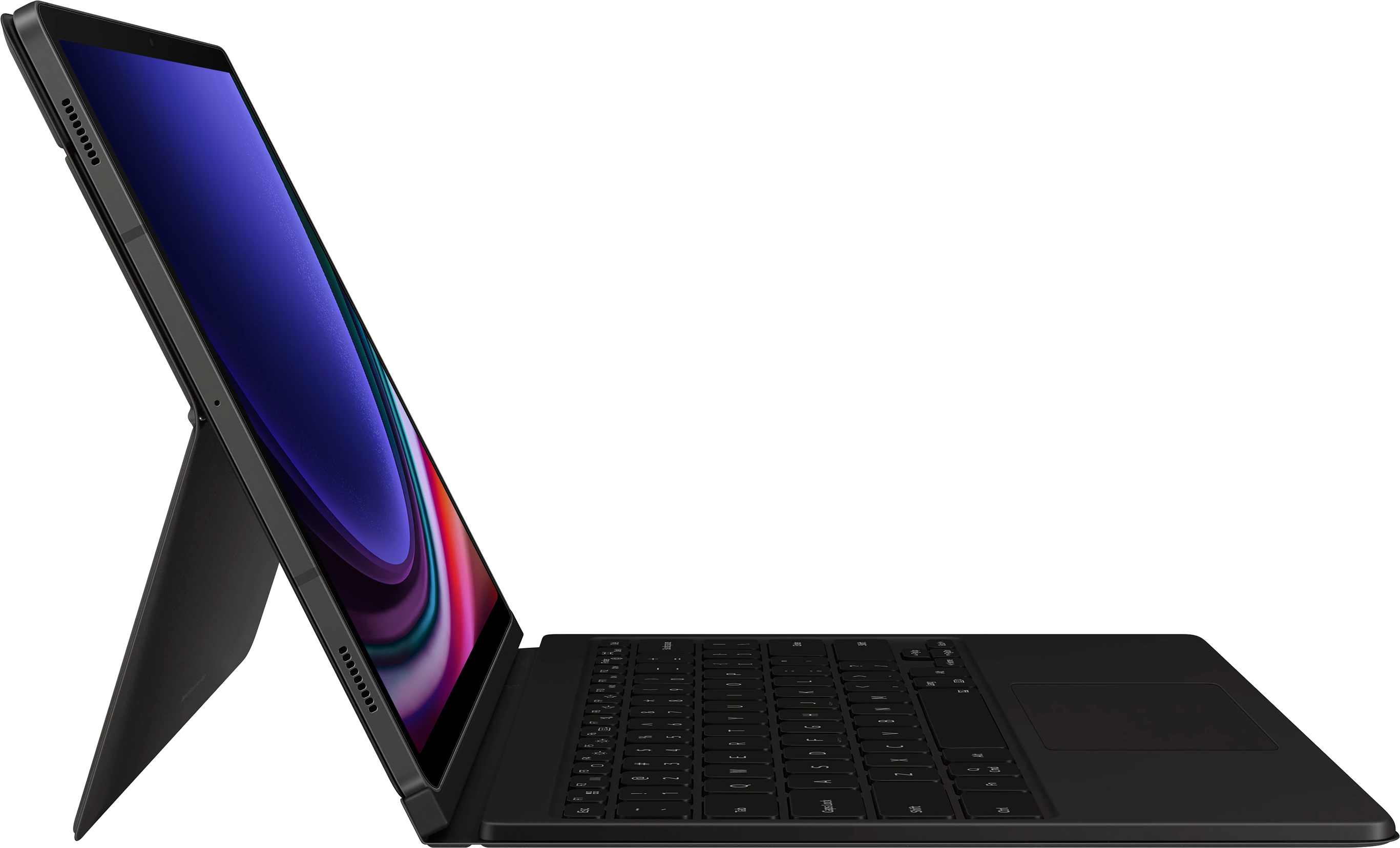 Tablette noire avec clavier et support, affichant un écran bleu avec une bordure blanche brillante.