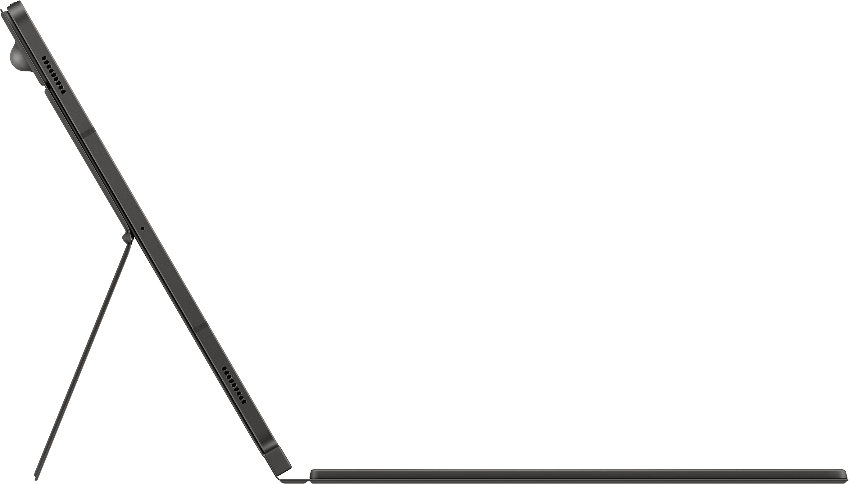 Tablette noire avec support, vue latérale, fond blanc. Écran vierge.
