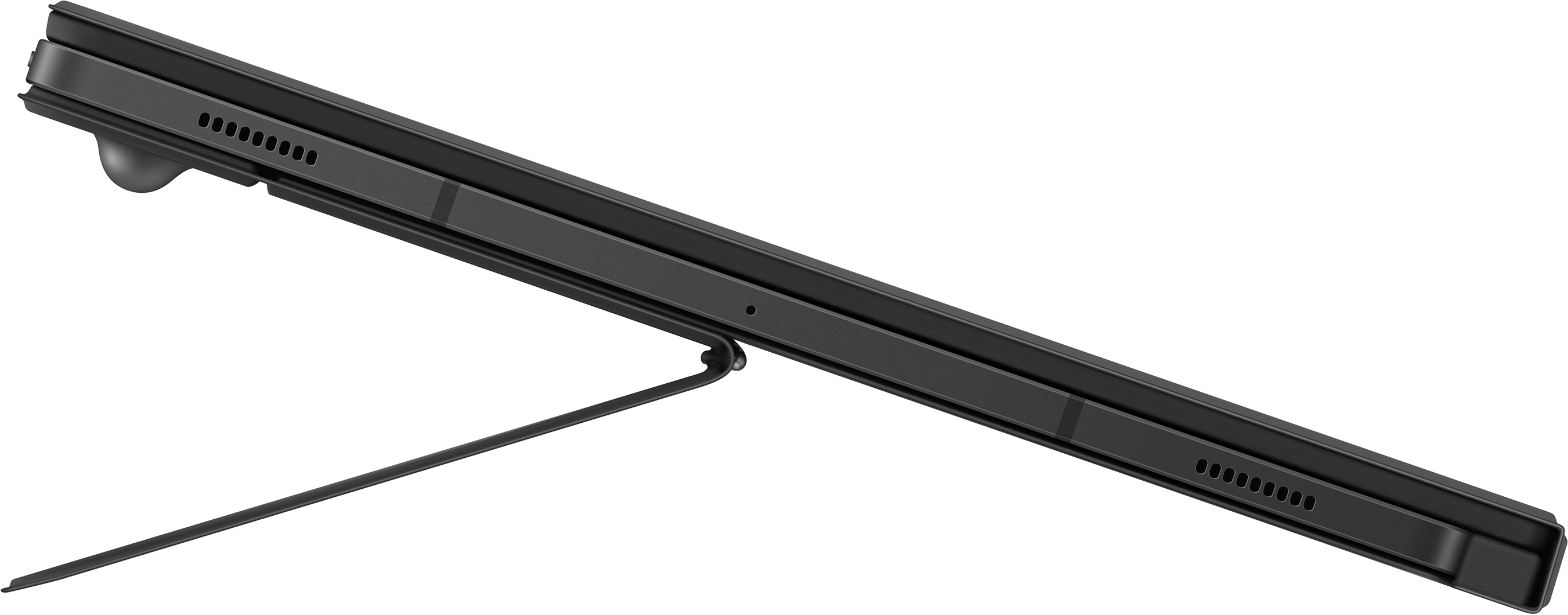 Tablette noire soutenue par un support, vue latérale montrant les ports et les haut-parleurs.