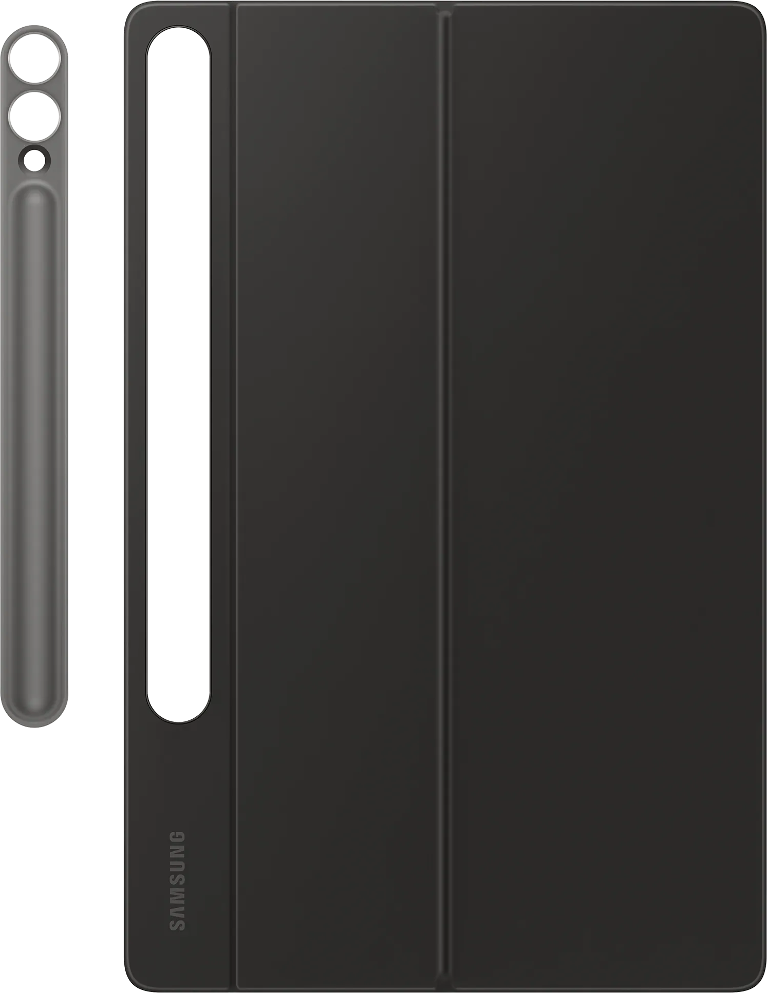 Un étui noir pour tablette avec un stylet. L'étui est fermé et possède un support.