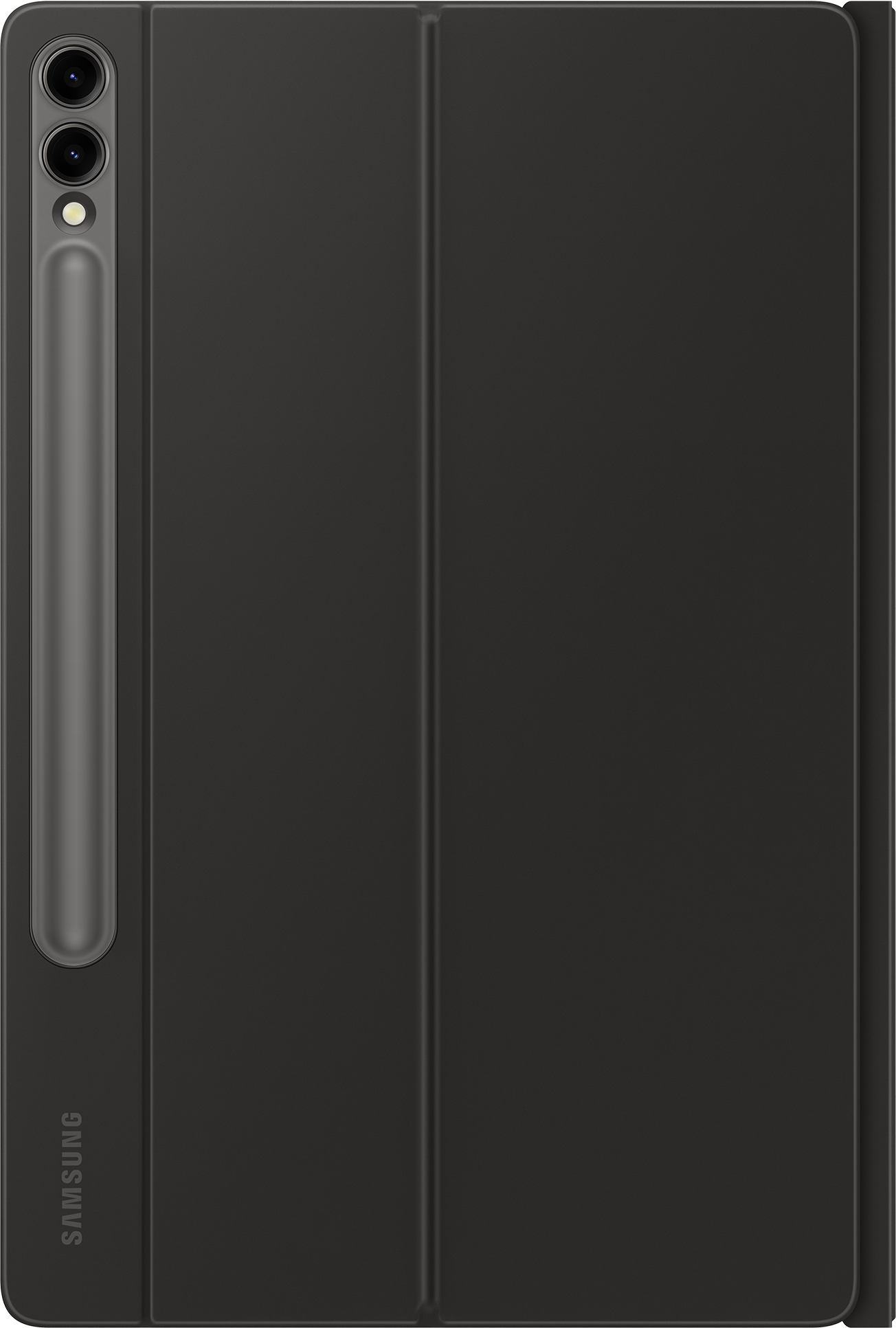 Une coque de tablette noire avec un stylo et une double caméra. Elle a un cadre gris foncé.