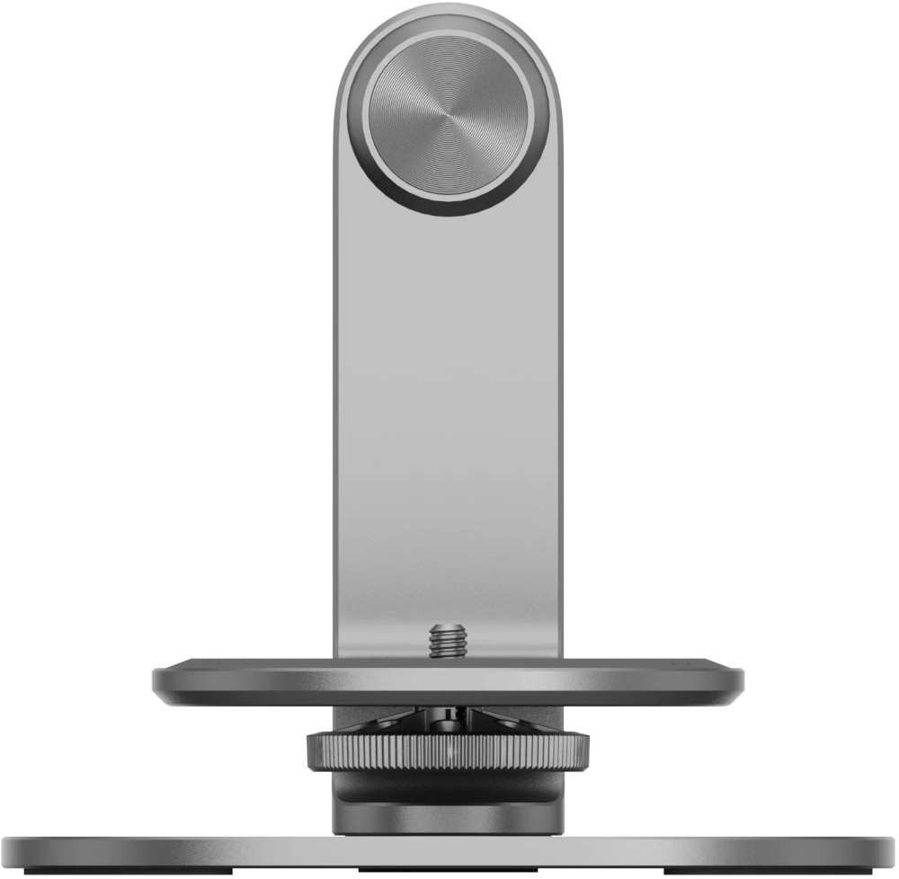 Zilveren telefoonstandaard met een verstelbaar kogelgewricht voor een camera of telefoon, eenvoudig en modern ontwerp.