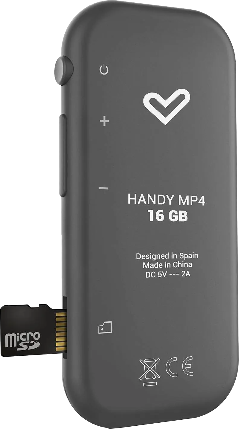 Szürke MP4-lejátszó, behelyezett micro SD kártyával. Szöveg: Handy MP4 16 GB.