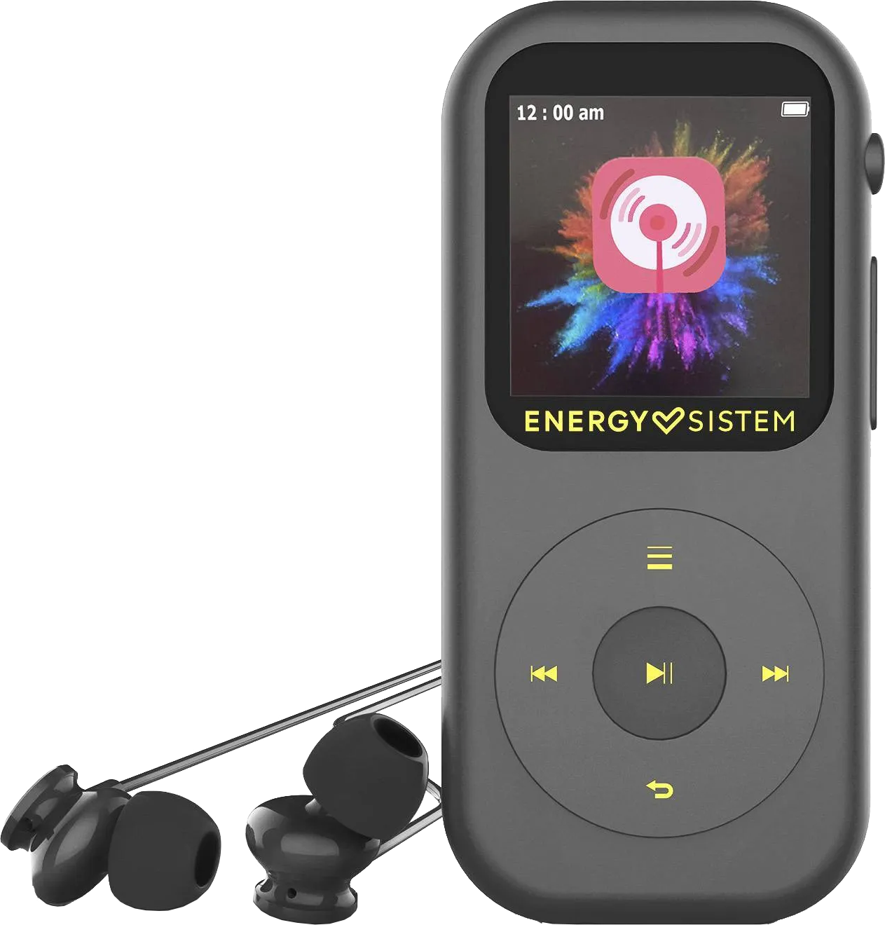 Fekete MP3 lejátszó képernyővel, vezérlőkkel és fejhallgatóval. A kijelző színes képet mutat.
