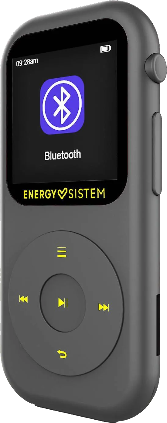 Fekete MP3 lejátszó kör alakú vezérlőpanellel, Bluetooth ikonnal a képernyőn.