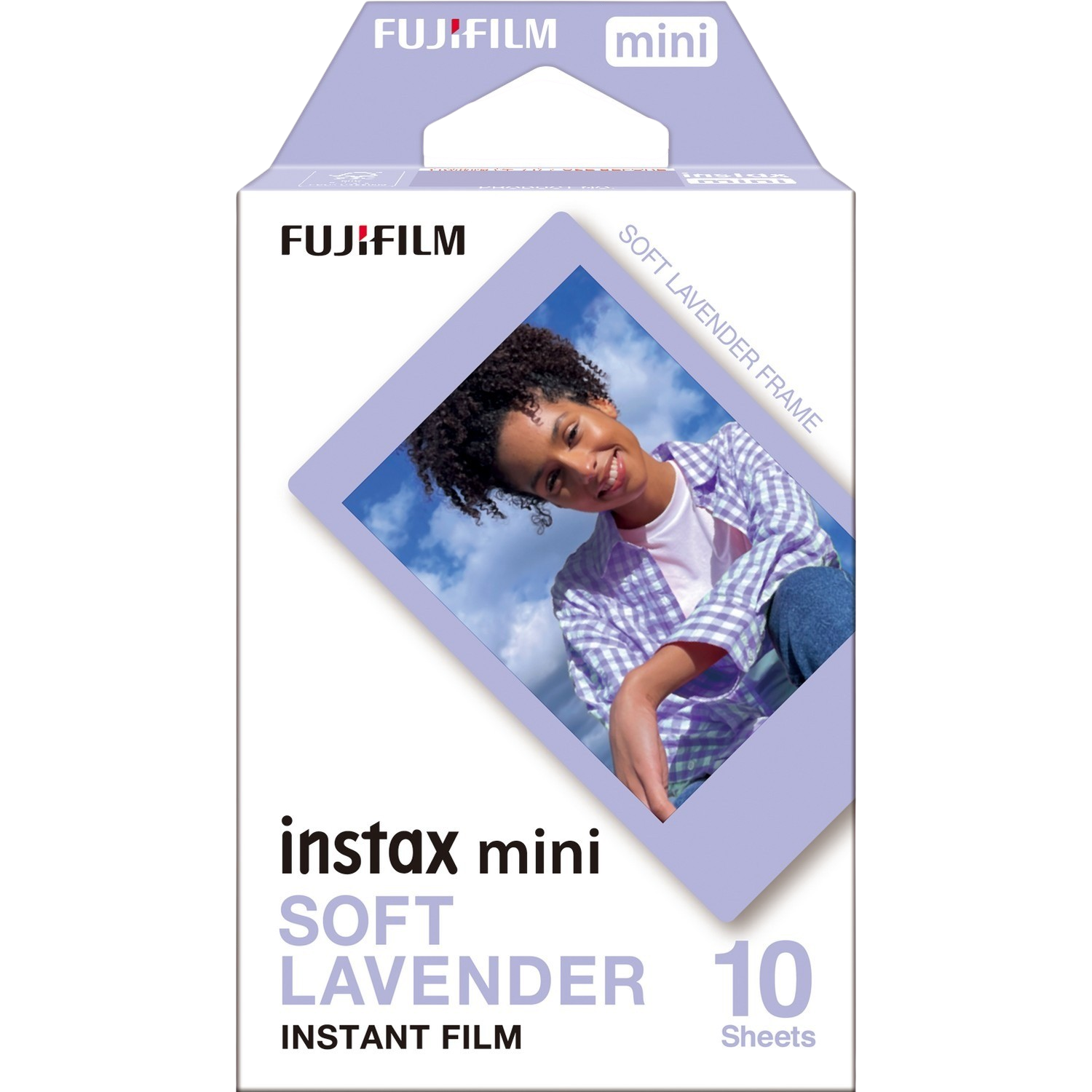Boîte de film Fujifilm Instax Mini avec photo d'une femme souriante, cadre lavande.