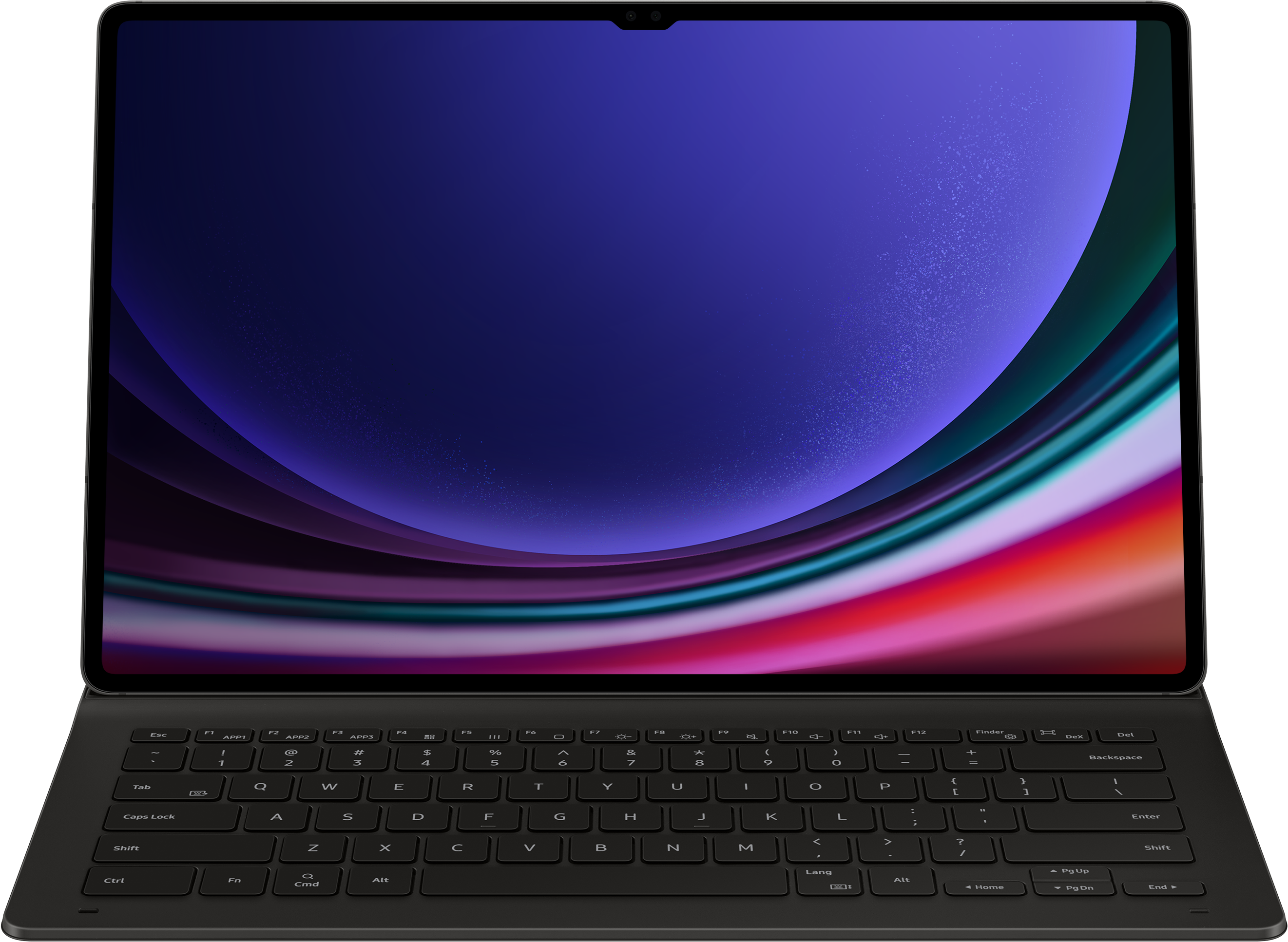 Un ordinateur portable noir avec un clavier et un grand écran affichant un dégradé bleu et violet.