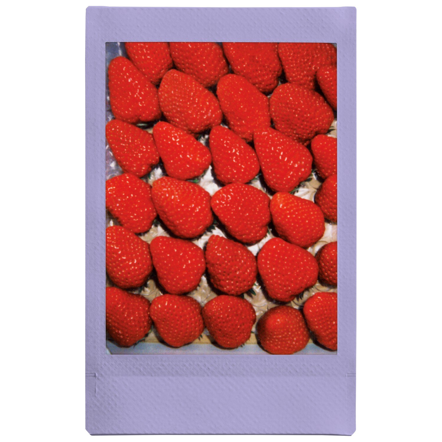 Gros plan d'un paquet de fraises dans un cadre violet.