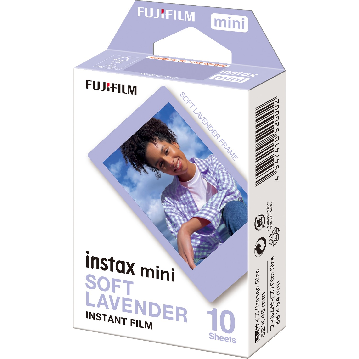 Boîte de film Instax Mini avec une photo d'une fille. La boîte est lavande, indique lavande douce et instax mini.