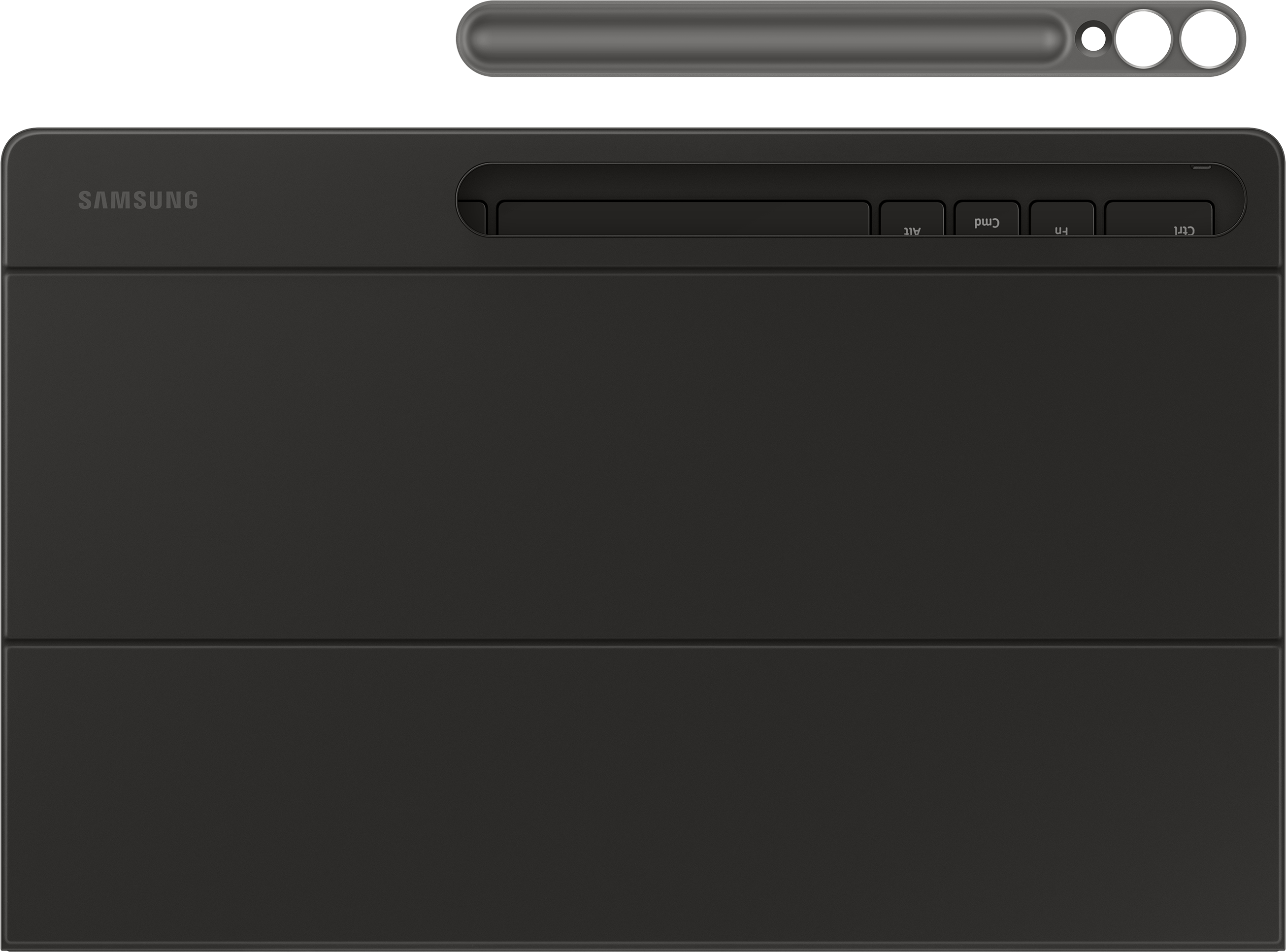Housse de clavier Samsung noire avec porte-stylo. Le clavier a quelques touches visibles.