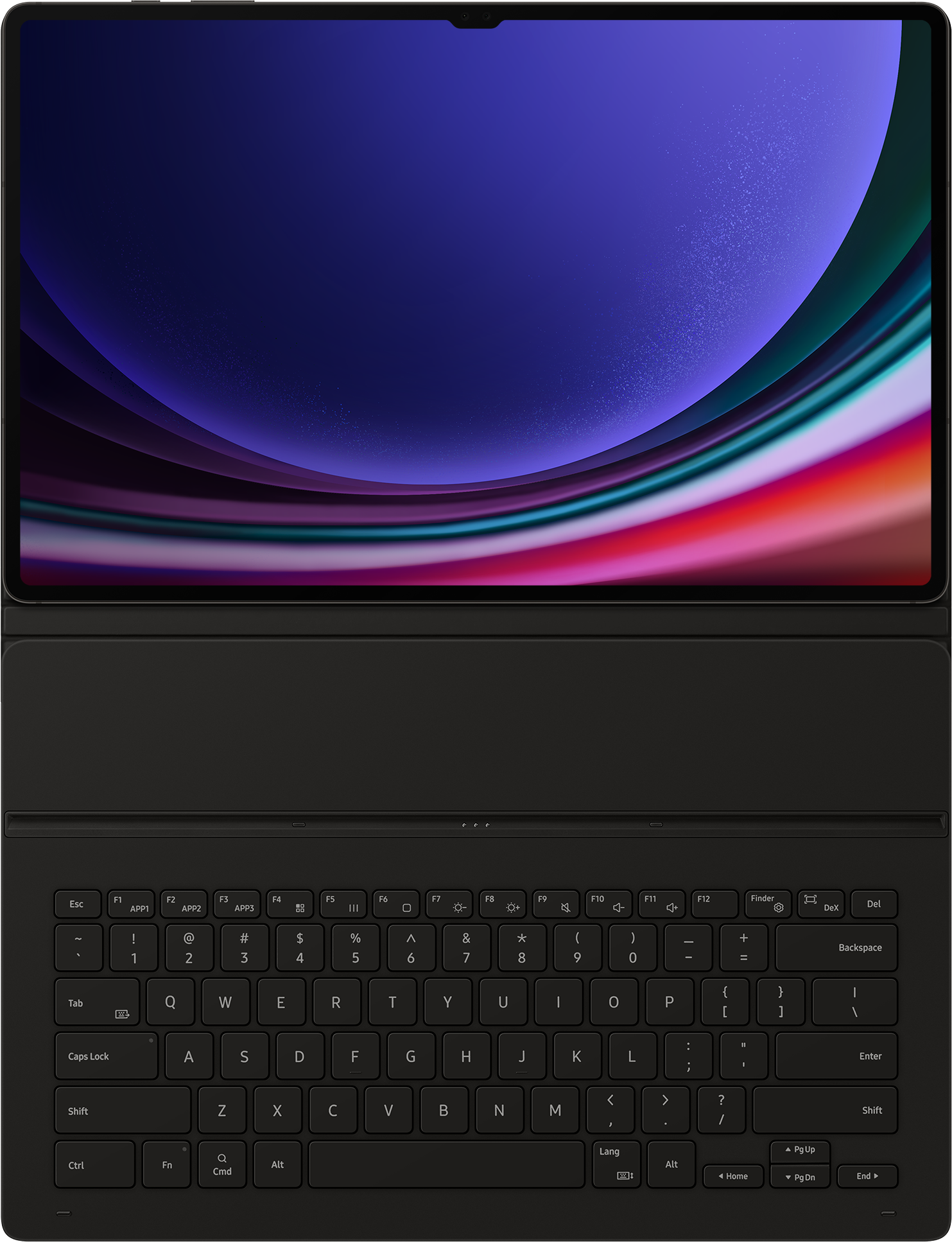 Tablette avec un étui clavier. L'écran a un fond coloré. Le clavier est noir.