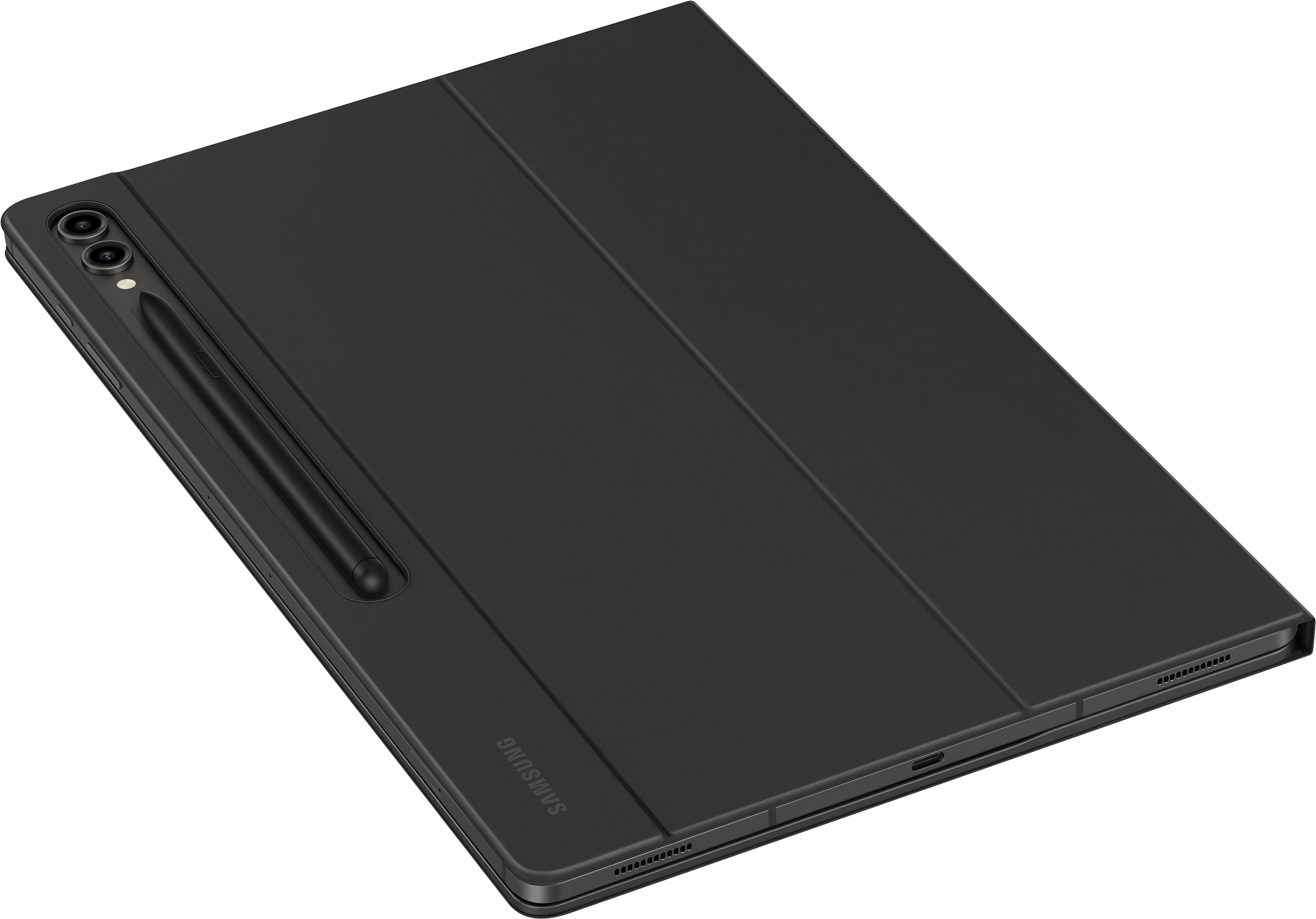 Tablette noire avec étui et stylet. Marque Samsung. Vue en angle.