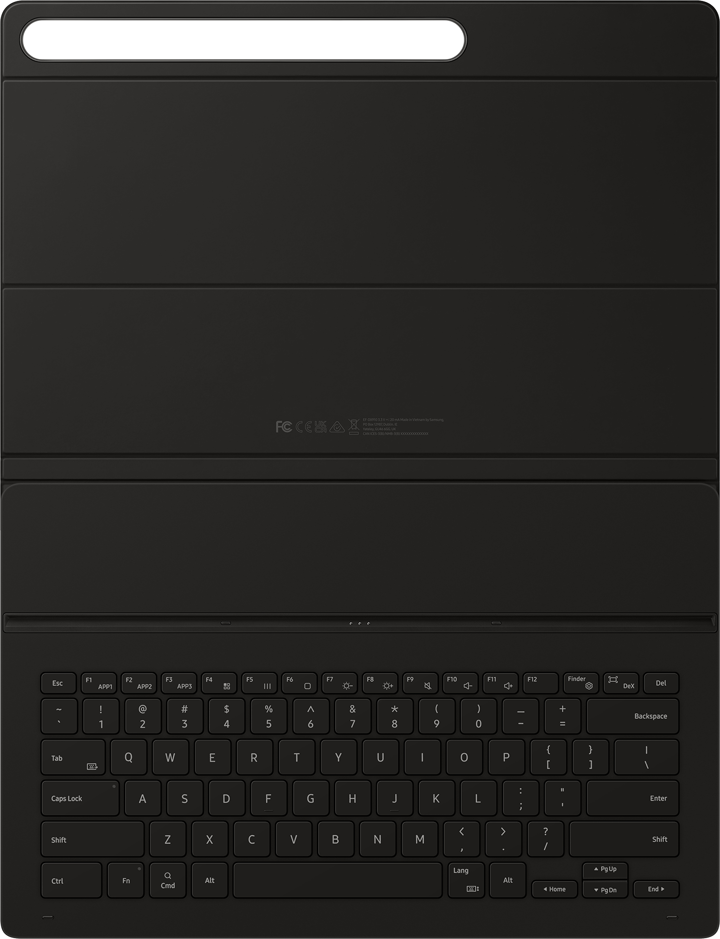 Un clavier de tablette noir, avec des touches et un pavé tactile, vue de dessus.