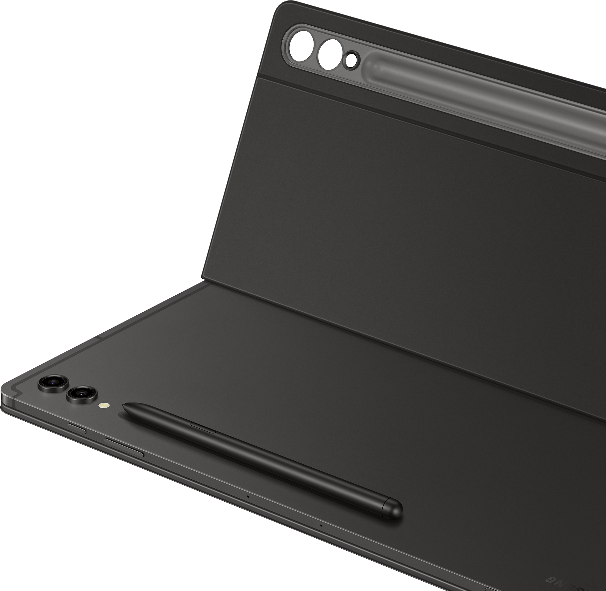 Une tablette Samsung noire avec un stylet noir et une housse.