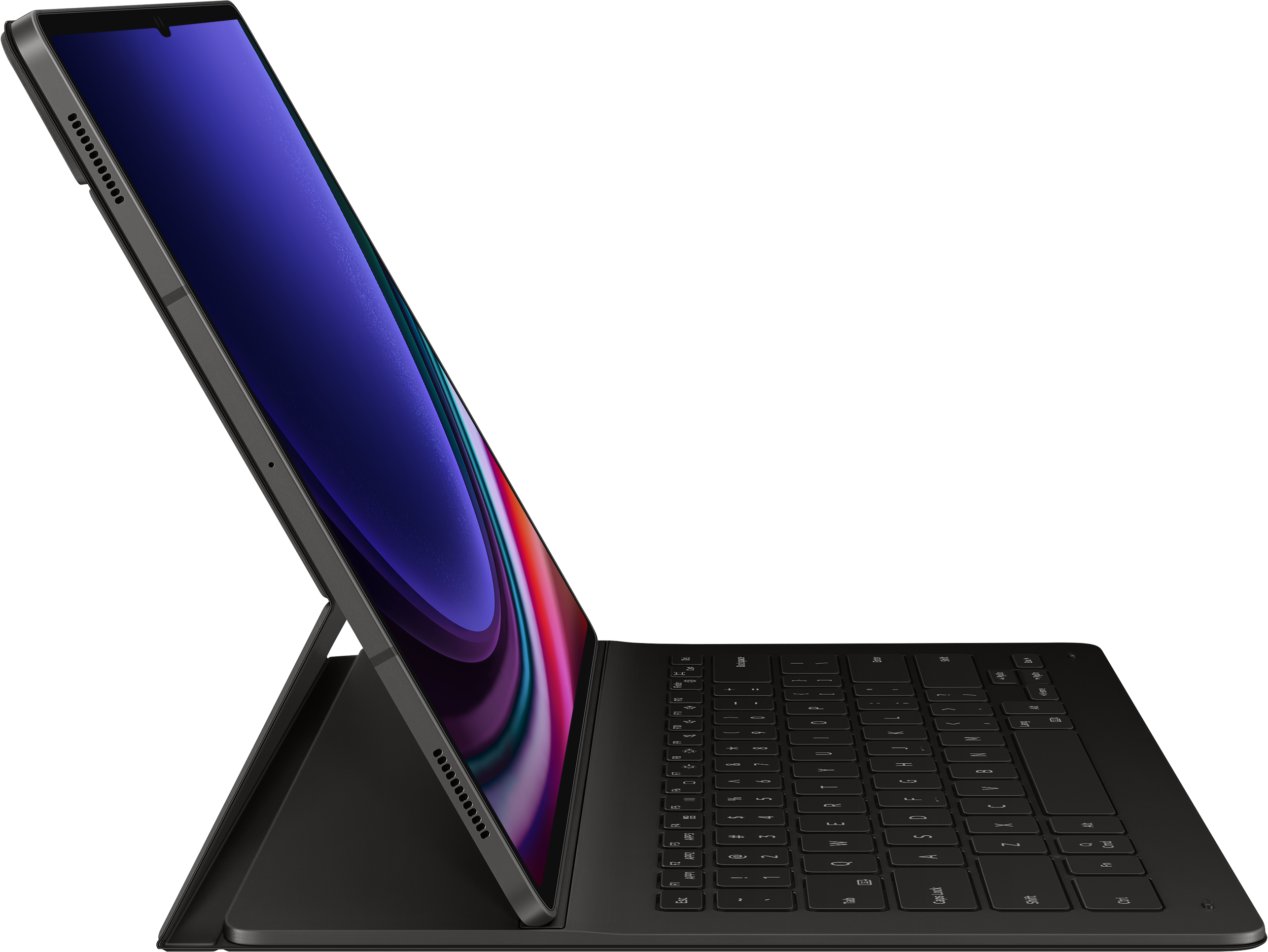 Une tablette noire soutenue par un clavier, montrant l'écran.