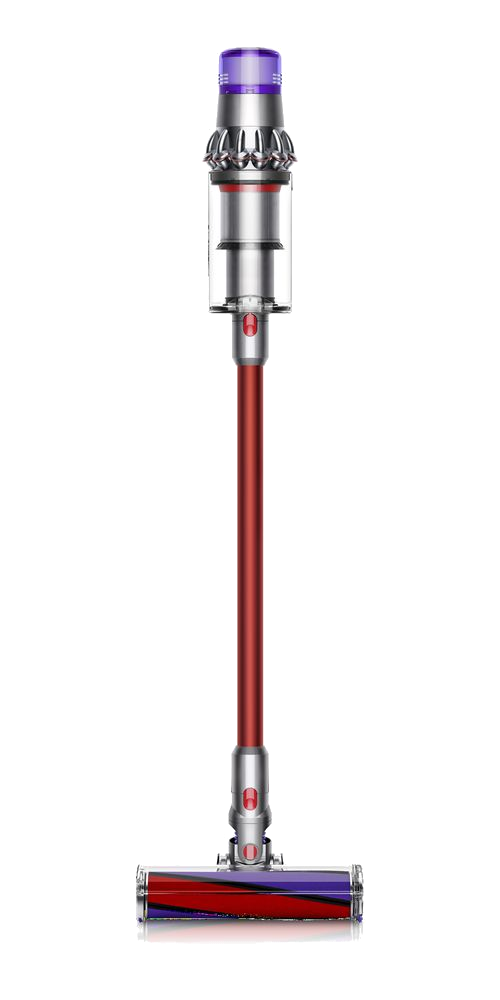 Ein roter und silberner kabelloser Staubsauger von Dyson auf schwarzem Hintergrund, aufrecht stehend.