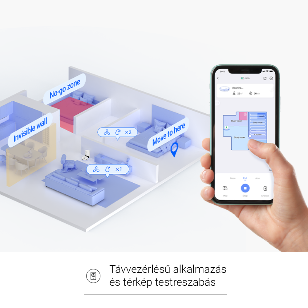 Okosotthon diagramja, amely térképet mutat egy telefonon, a szobák elrendezésével.