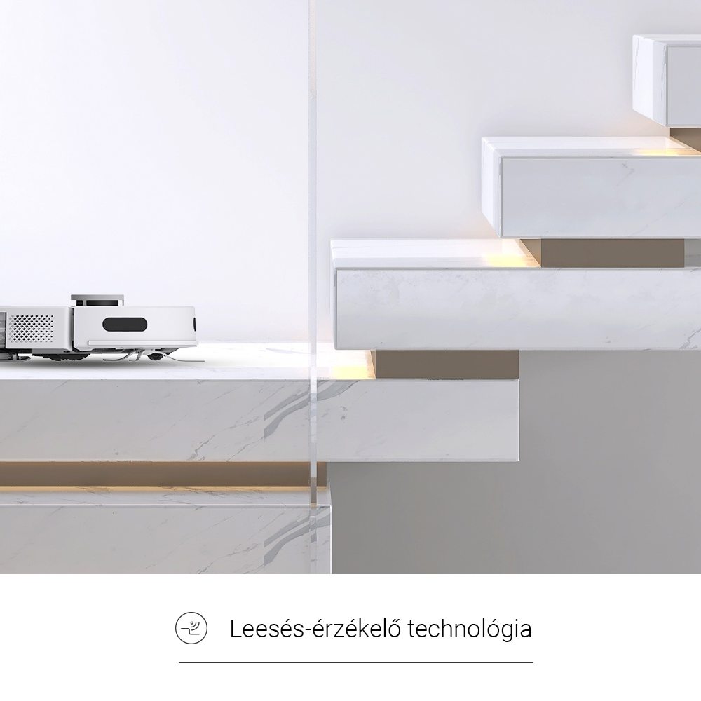 Robot porszívó fehér lépcsőn. Szöveg: Leeses-érzékelő technológia.