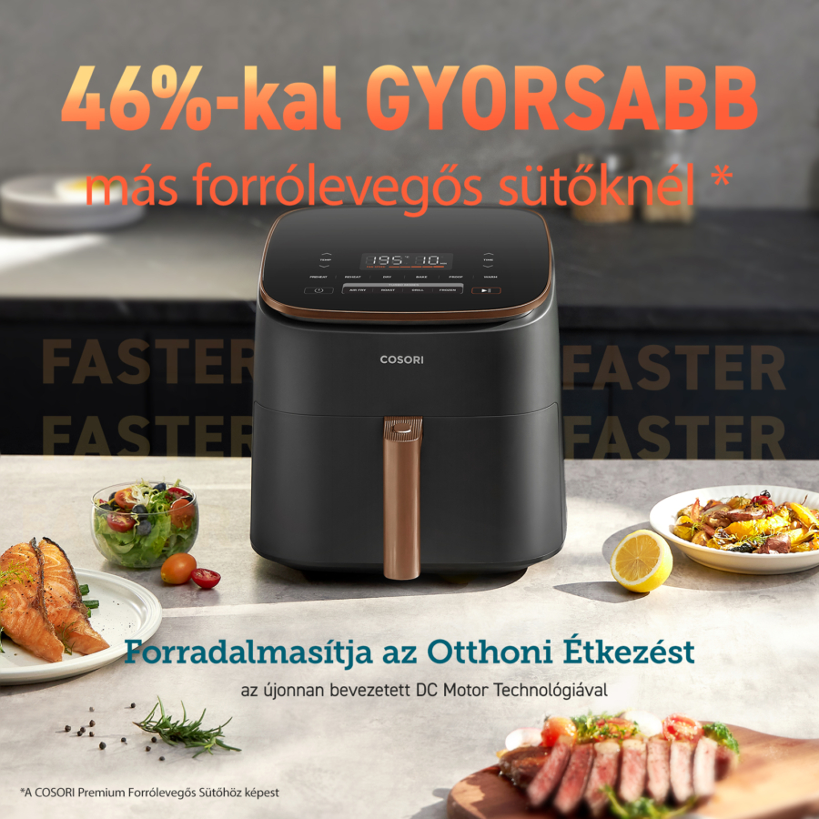 Egy fekete Cosori légkeveréses sütő, ételekkel a közeli tányérokon.