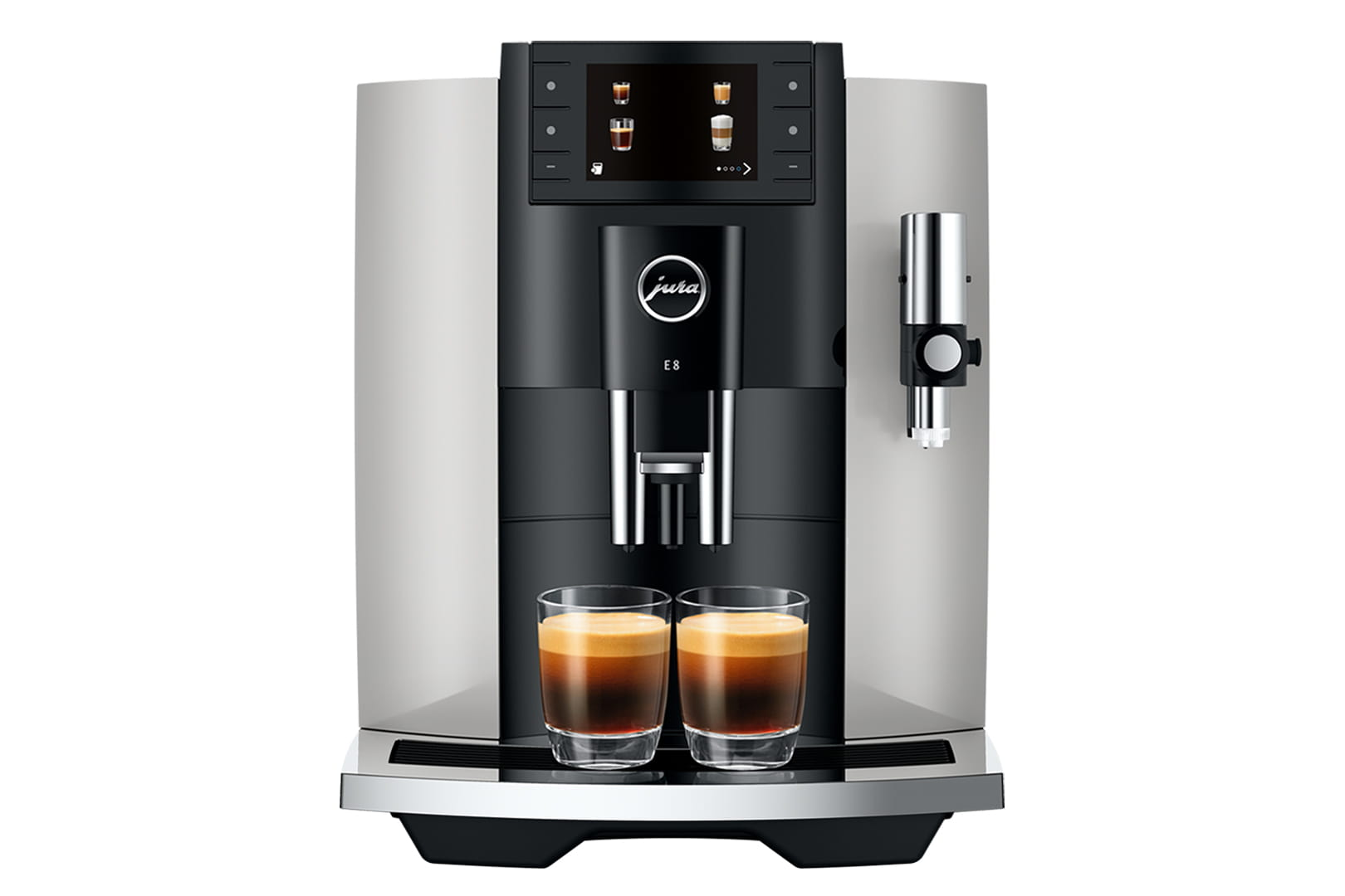 Máquina de café Jura E8 plateada y negra con dos vasos de espresso.