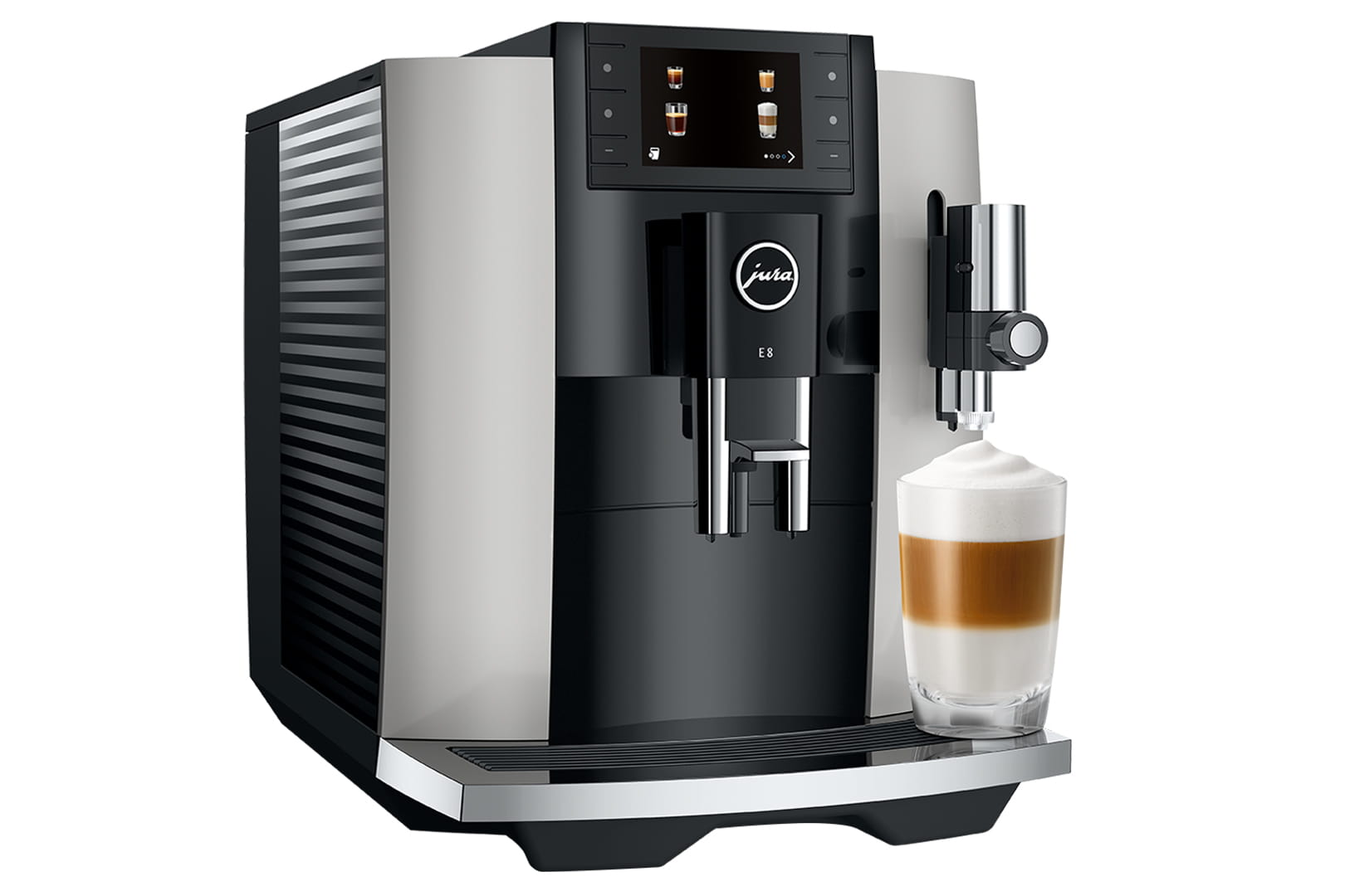 Una máquina de espresso negra y plateada. Se está dispensando un vaso de café con leche. Tiene controles táctiles.