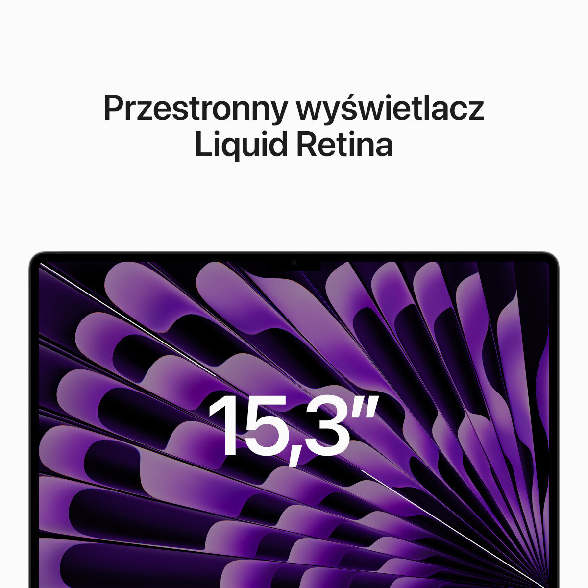 Ekran laptopa z fioletowym i czarnym wzorem, tekstem '15,3"' i 'Liquid Retina'.